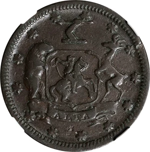 image for: 1849 Massachusetts & California Co. $5 Die Trial. K-2B. Rarity-7+. Copper. Reeded Edge. EF-45 BN (NGC).