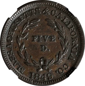 image for: 1849 Massachusetts & California Co. $5 Die Trial. K-2B. Rarity-7+. Copper. Reeded Edge. EF-45 BN (NGC).