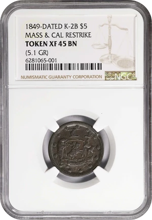 image for: 1849 Massachusetts & California Co. $5 Die Trial. K-2B. Rarity-7+. Copper. Reeded Edge. EF-45 BN (NGC).