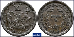 image for: 1849 Massachusetts & California Co. $5 Die Trial. K-2B. Rarity-7+. Copper. Reeded Edge. EF-45 BN (NGC).