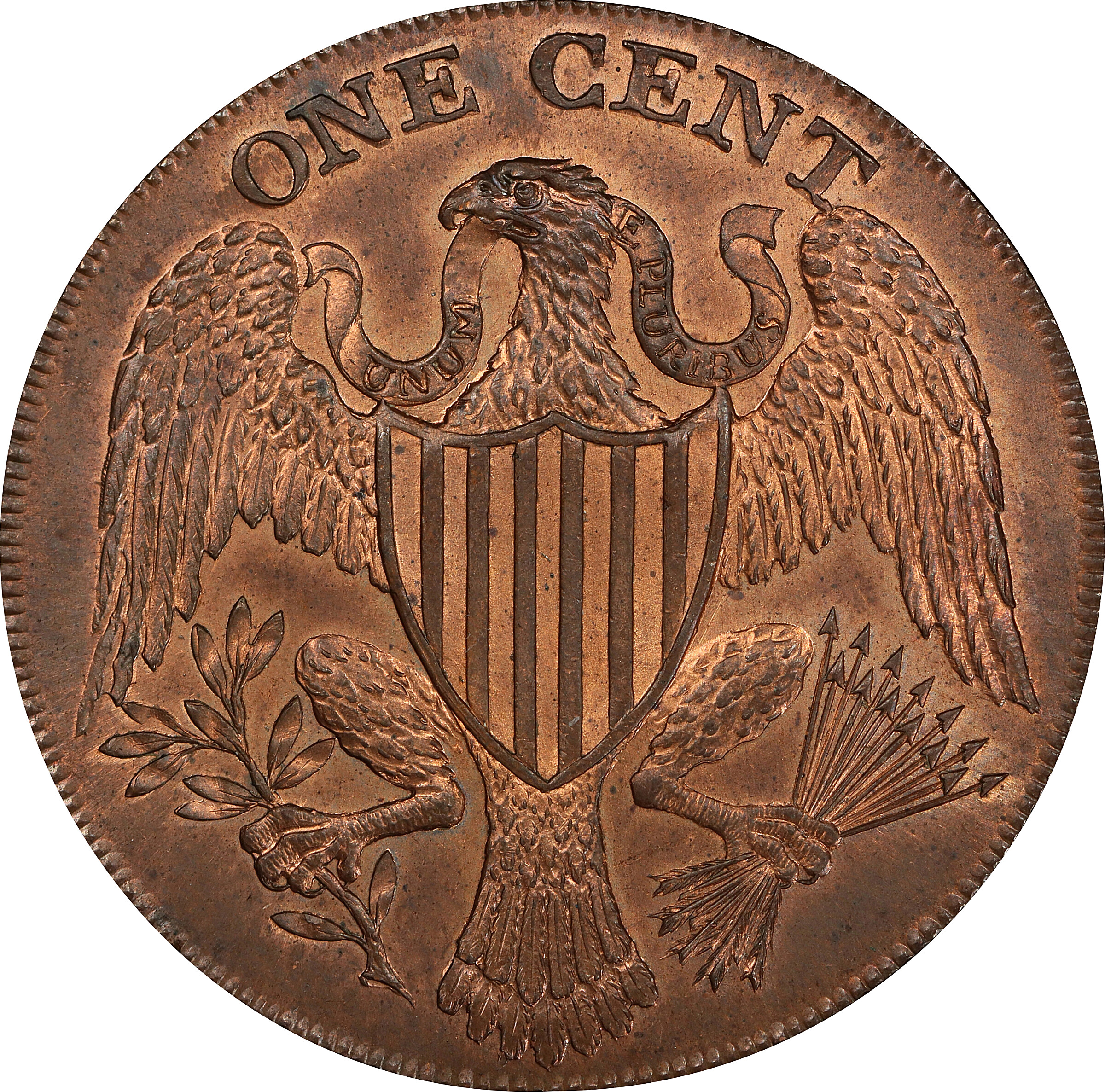 image for: 1791 Large Eagle Cent. Musante GW-15, Baker-15, Breen-1206. Copper. Lettered Edge, UNITED STATES OF AMERICA. MS-64 RB (PCGS).