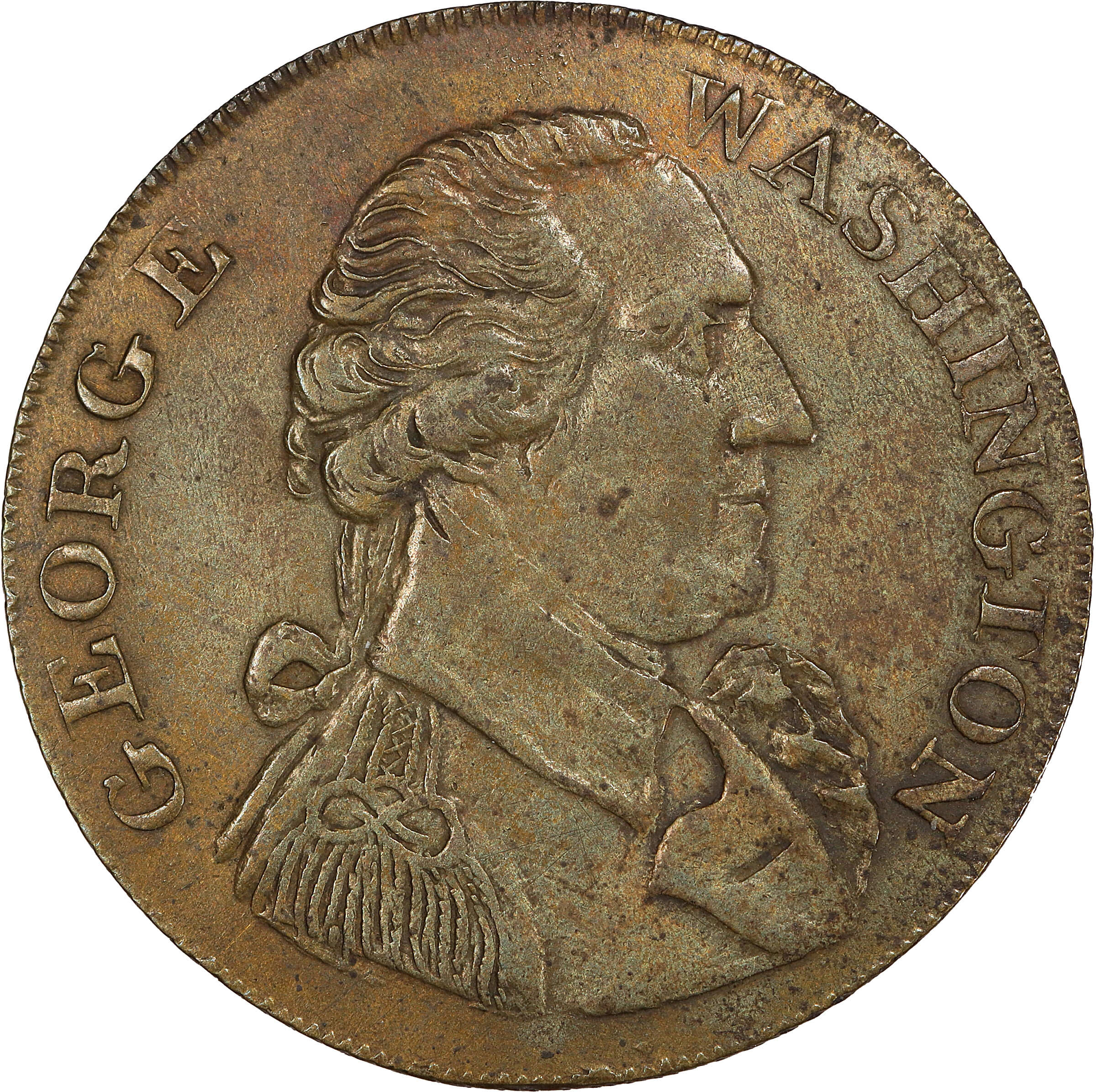 image for: Circa 1793 Washington Success Token. Large Size. Second Obverse. Musante GW-42, Baker-266, Breen-1282. Brass. Reeded edge. AU-55 (PCGS).