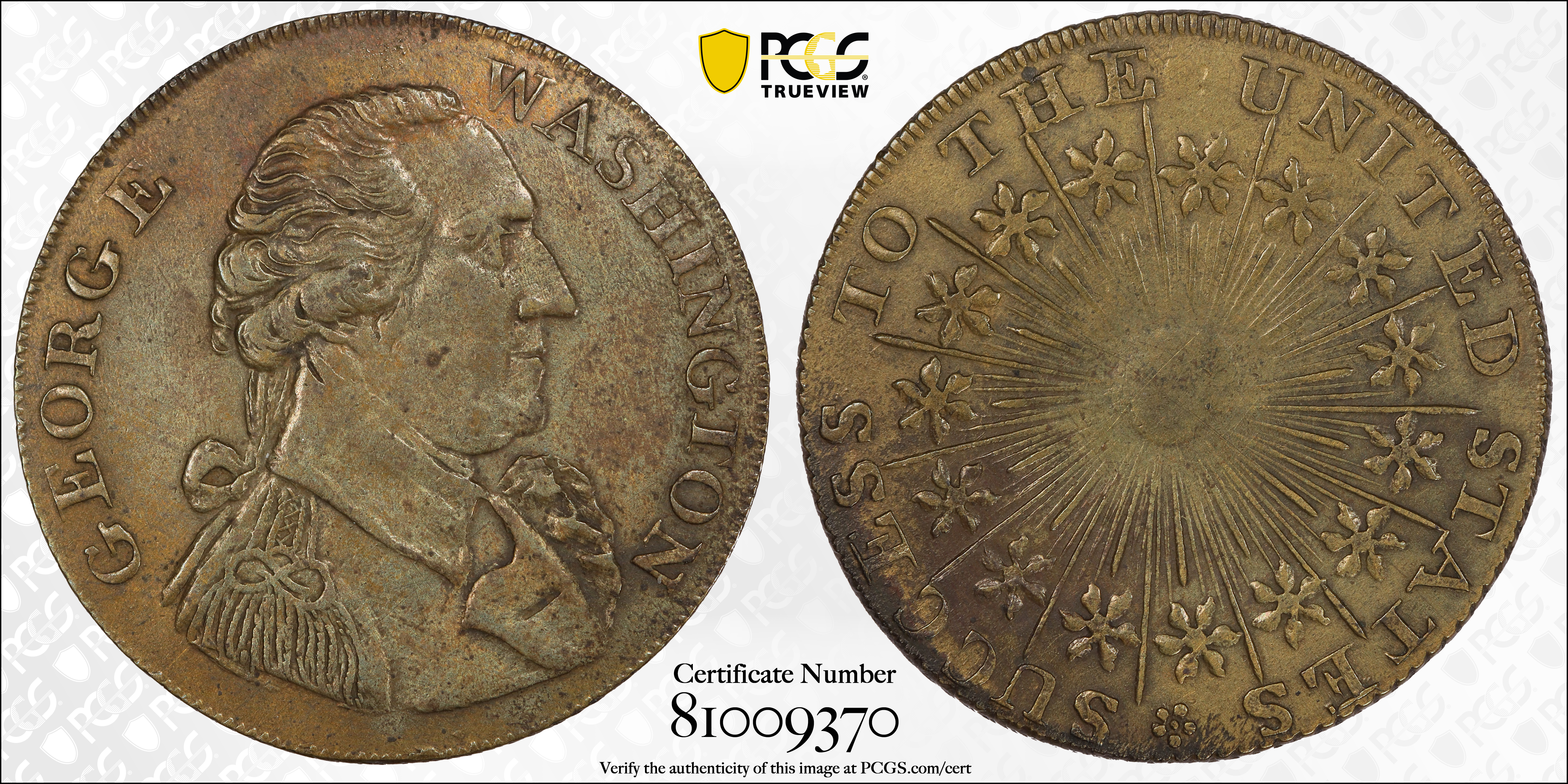 image for: Circa 1793 Washington Success Token. Large Size. Second Obverse. Musante GW-42, Baker-266, Breen-1282. Brass. Reeded edge. AU-55 (PCGS).
