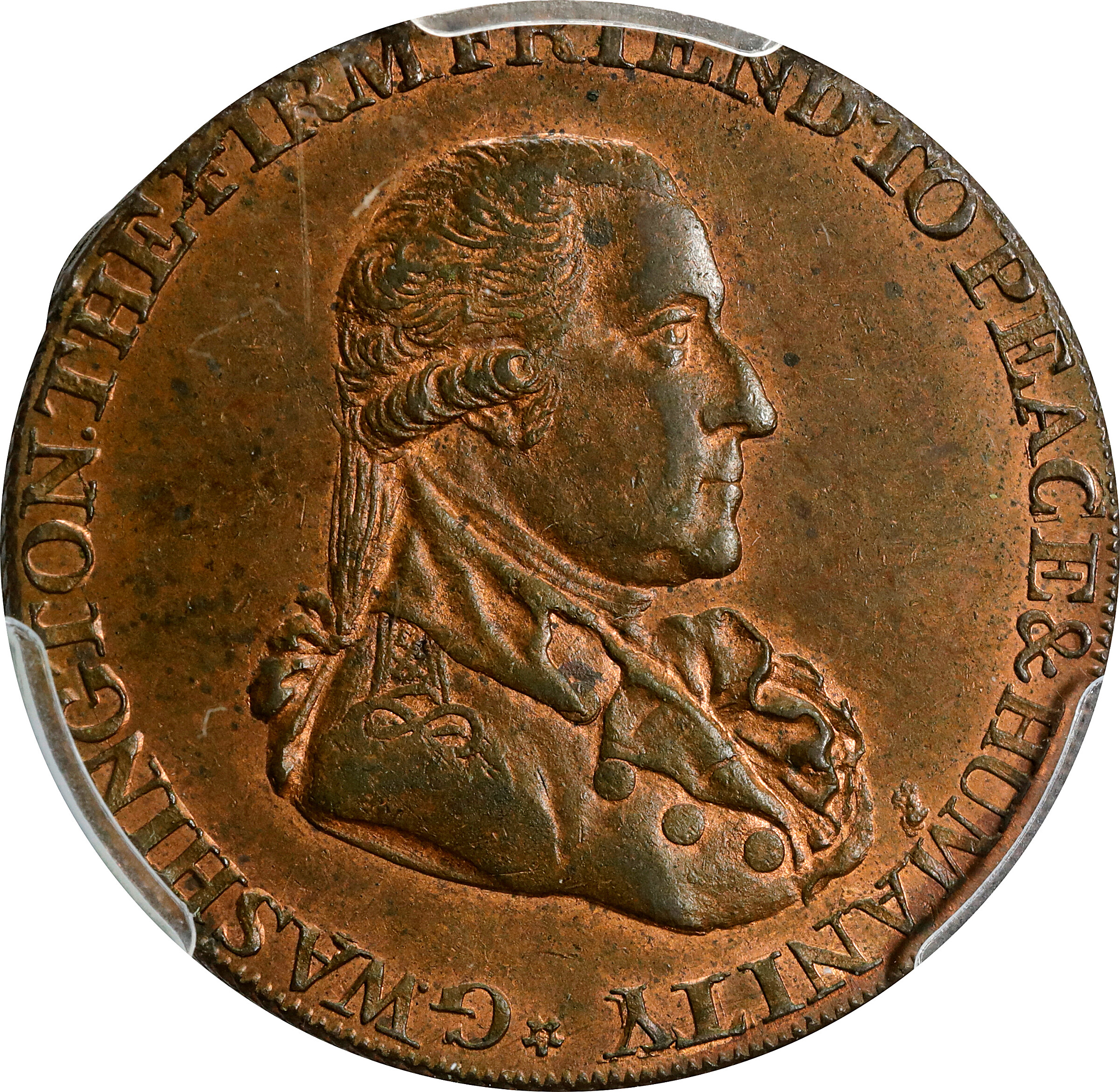 image for: Circa 1795 Grate Halfpenny. Large Buttons. Musante GW-49, Baker-29AA, Breen-1271. Copper. Diagonally reeded edge. MS-64 RB (PCGS).