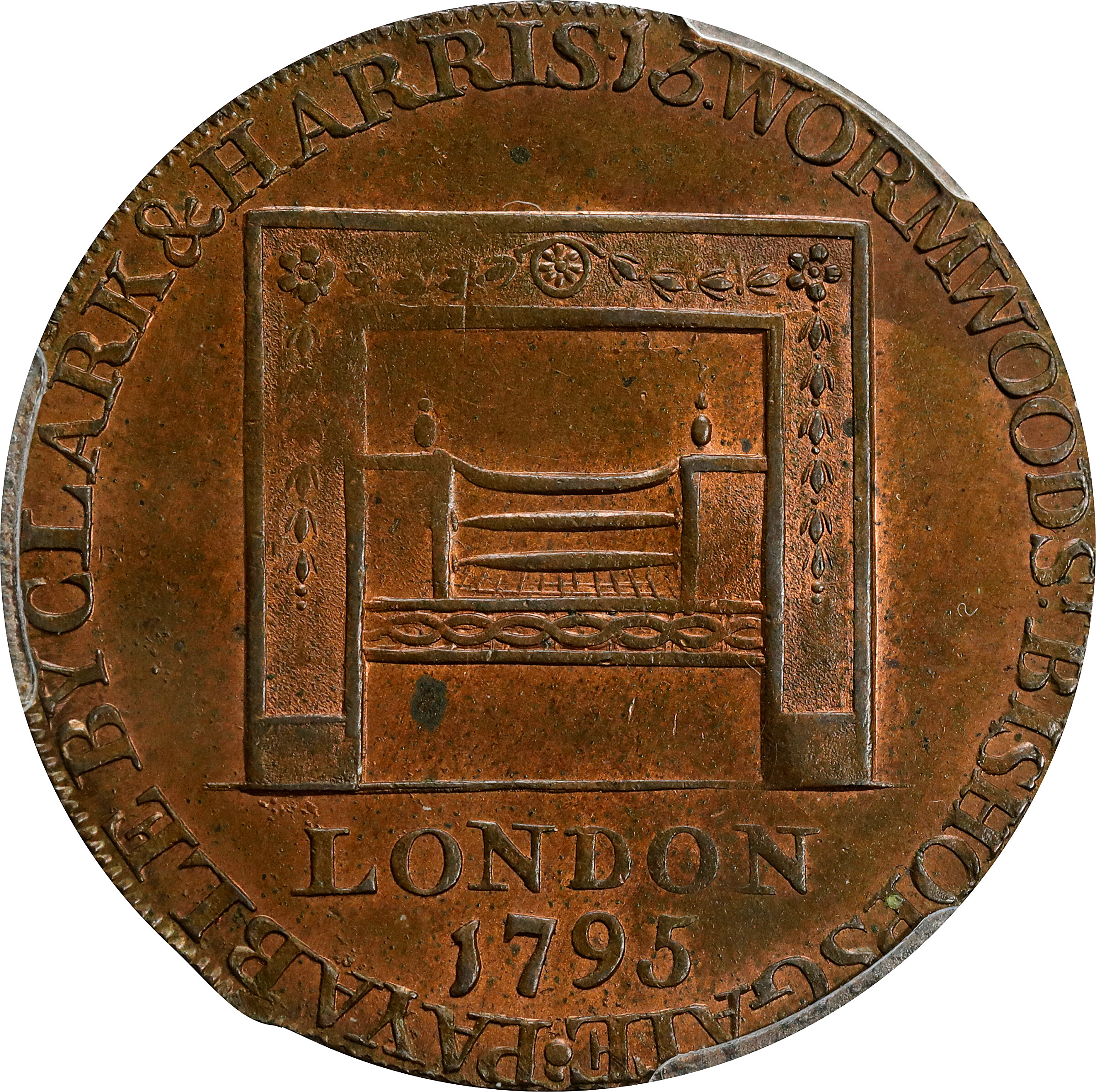 image for: Circa 1795 Grate Halfpenny. Large Buttons. Musante GW-49, Baker-29AA, Breen-1271. Copper. Diagonally reeded edge. MS-64 RB (PCGS).