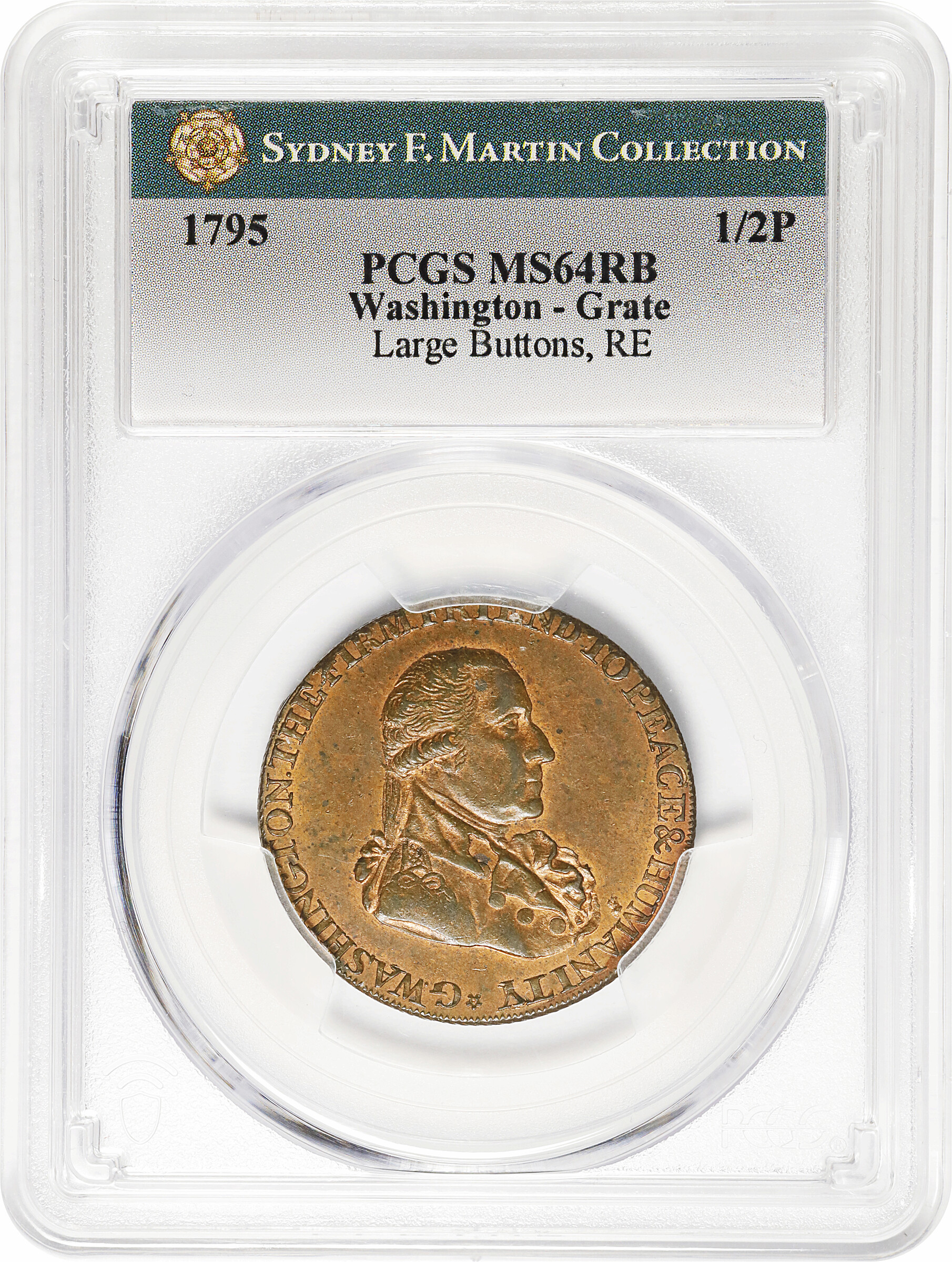 image for: Circa 1795 Grate Halfpenny. Large Buttons. Musante GW-49, Baker-29AA, Breen-1271. Copper. Diagonally reeded edge. MS-64 RB (PCGS).