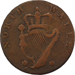 image for: Circa 1795 North Wales Halfpenny. Two Star Reverse. Musante GW-51, Baker-34A, Breen-1296. Copper. Lettered edge, PAYABLE IN LANCASTER LONDON OR BRISTOL. EF-40 (PCGS).