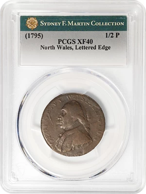 image for: Circa 1795 North Wales Halfpenny. Two Star Reverse. Musante GW-51, Baker-34A, Breen-1296. Copper. Lettered edge, PAYABLE IN LANCASTER LONDON OR BRISTOL. EF-40 (PCGS).