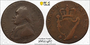 image for: Circa 1795 North Wales Halfpenny. Two Star Reverse. Musante GW-51, Baker-34A, Breen-1296. Copper. Lettered edge, PAYABLE IN LANCASTER LONDON OR BRISTOL. EF-40 (PCGS).