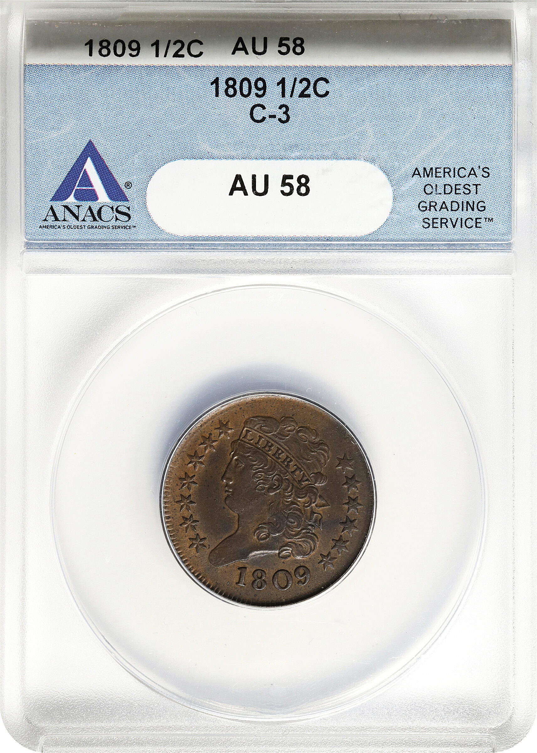 image for: 1809 Classic Head Half Cent. C-3. Rarity-1. AU-58 (ANACS).