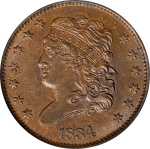 image for: 1834 Classic Head Half Cent. C-1, the only known dies. Rarity-1. MS-64 BN (NGC). CAC.