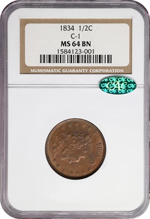 image for: 1834 Classic Head Half Cent. C-1, the only known dies. Rarity-1. MS-64 BN (NGC). CAC.