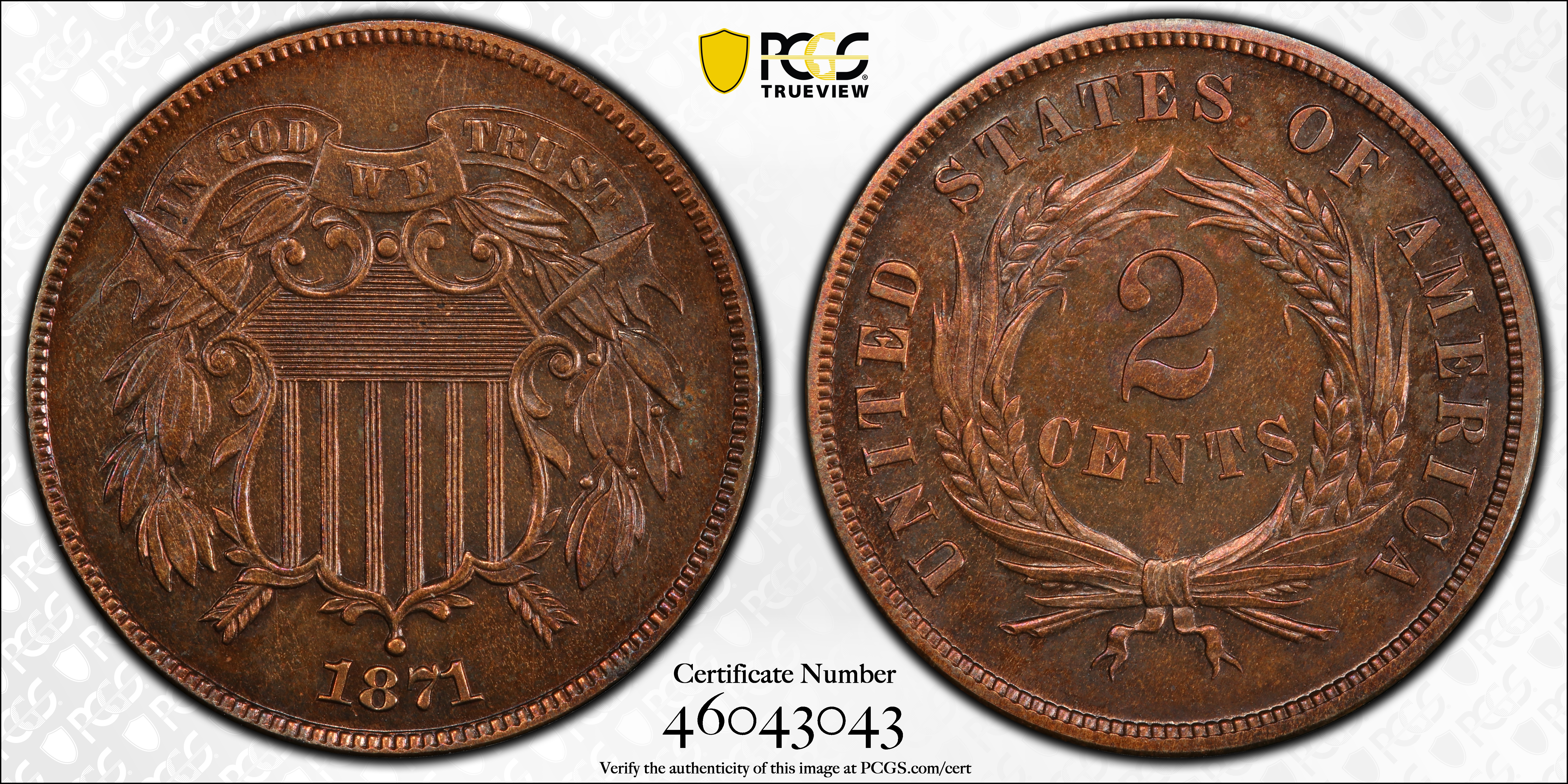 image for: 1871 Two-Cent Piece. Proof-62 BN (PCGS).