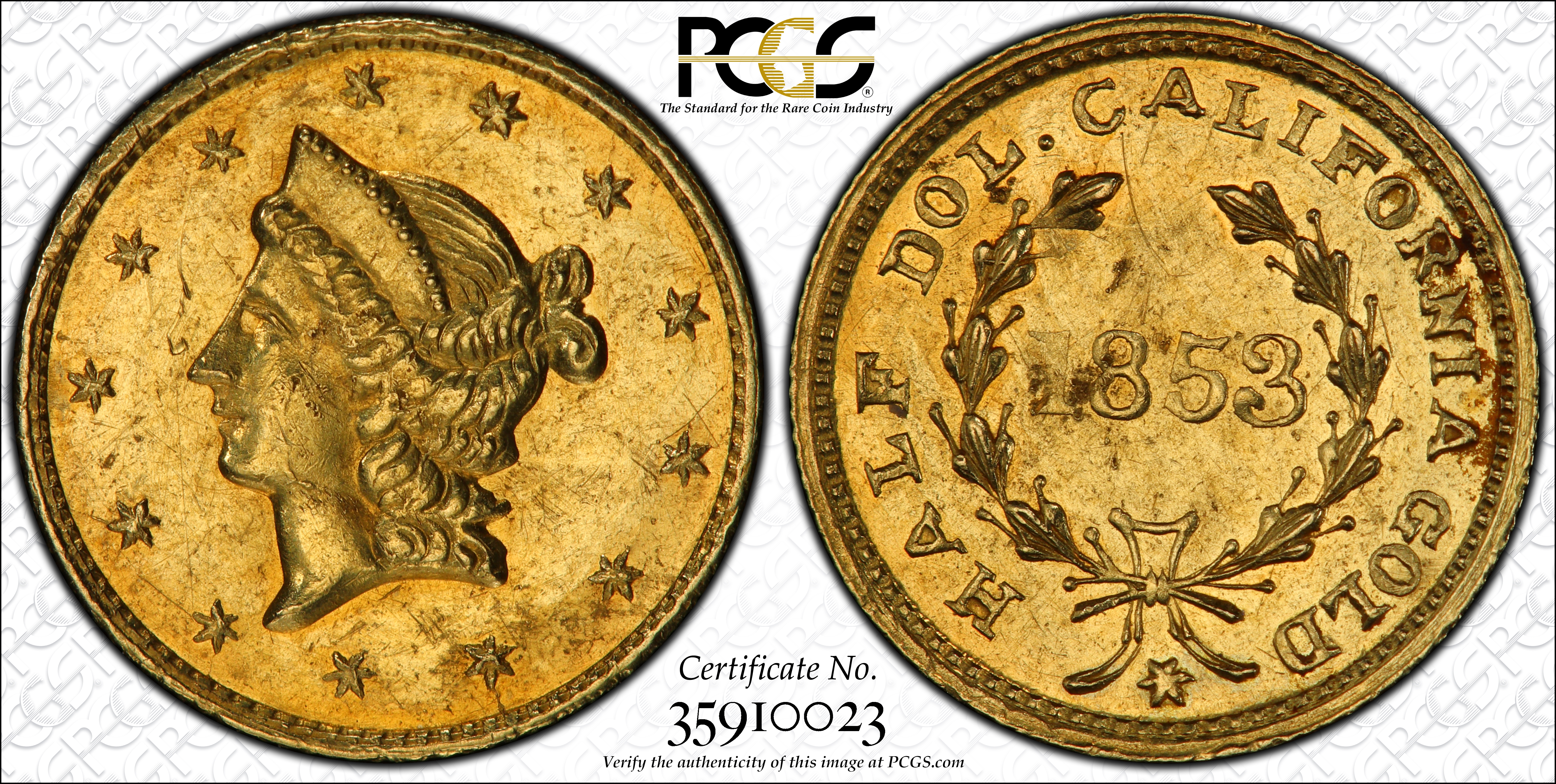 image for: 1853 Round 50 Cents. BG-429. Rarity-4-. Liberty Head. MS-62 (PCGS).