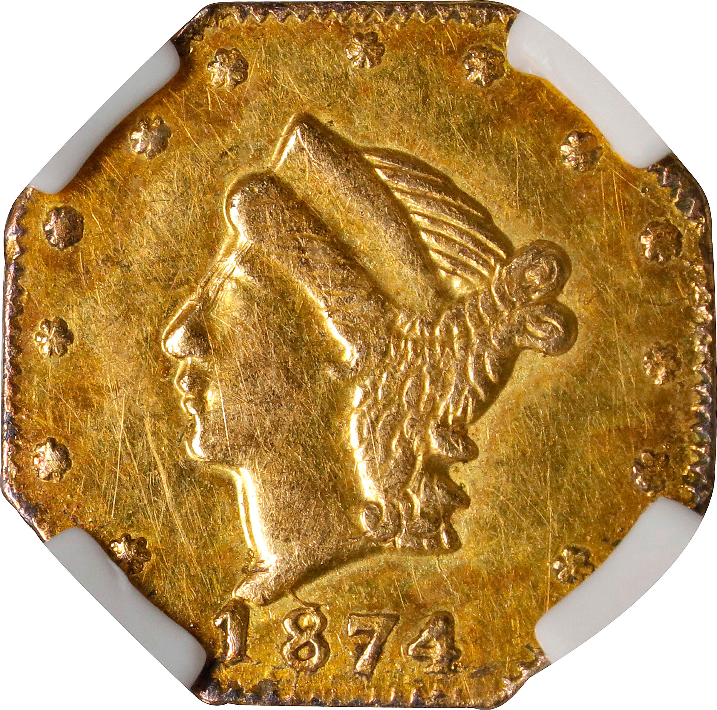 image for: 1874 Octagonal 25 Cents. BG-775. Rarity-6+. Liberty Head. MS-62 (NGC).