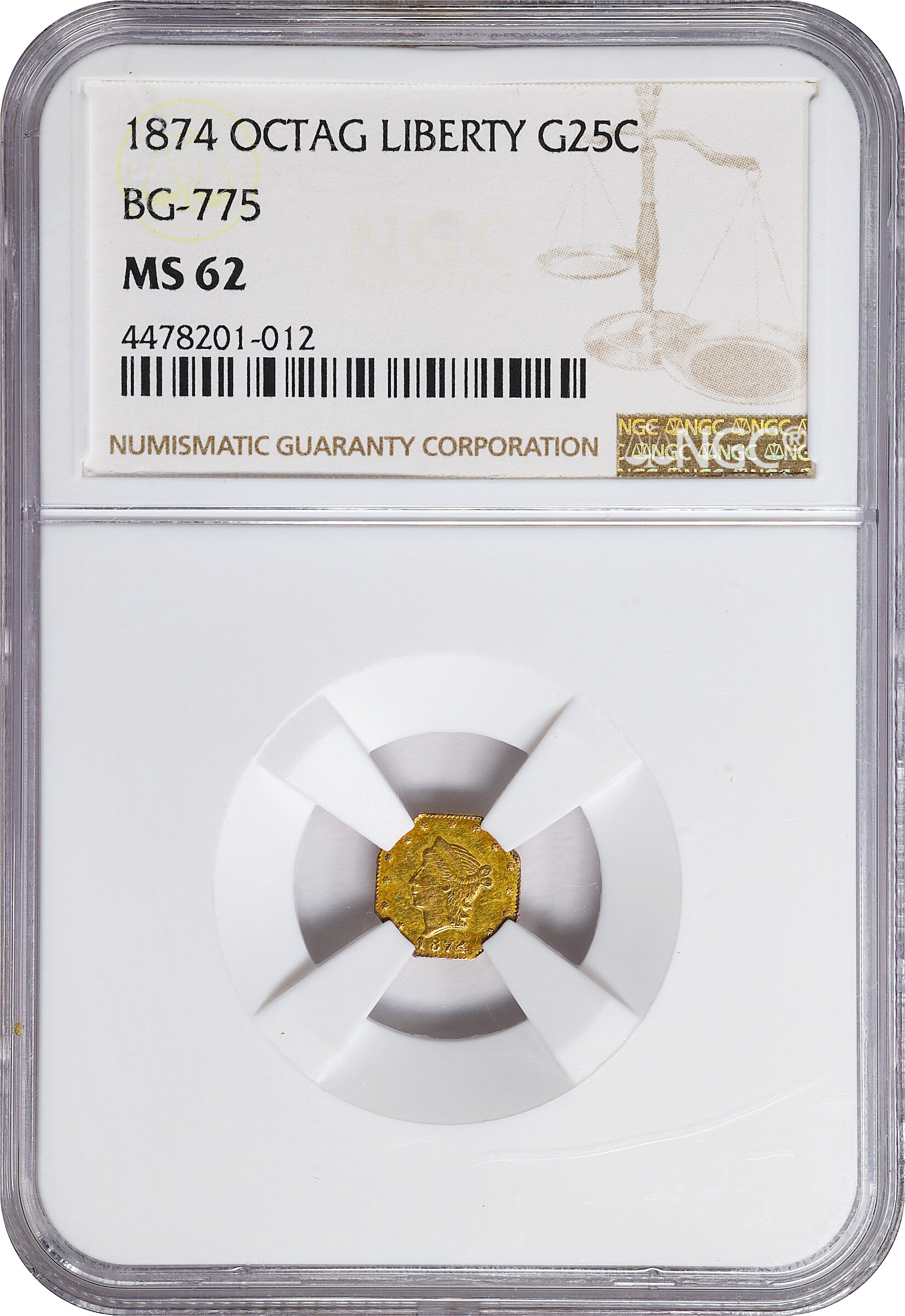 image for: 1874 Octagonal 25 Cents. BG-775. Rarity-6+. Liberty Head. MS-62 (NGC).