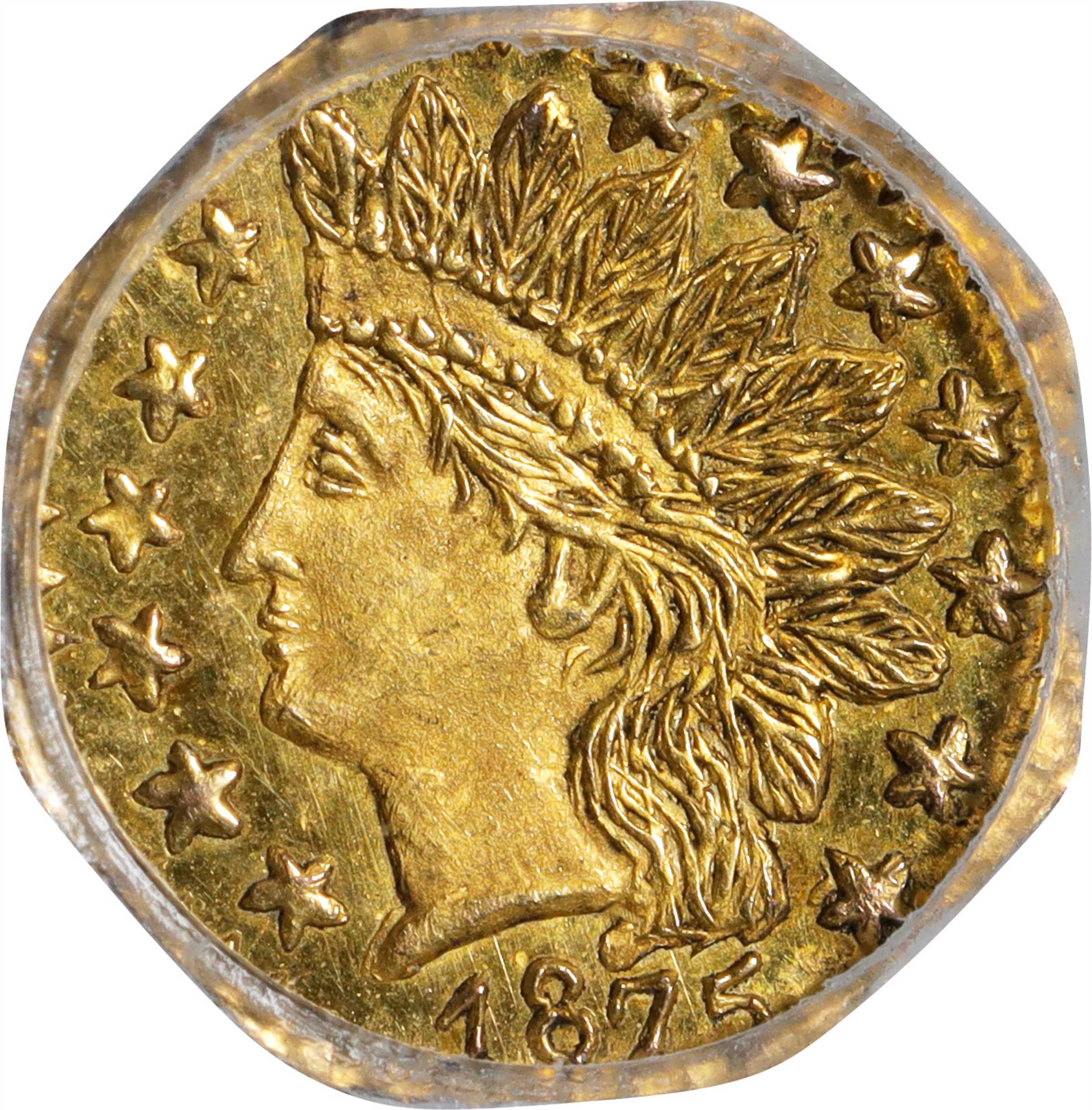 image for: 1875 Octagonal 25 Cents. BG-798. Rarity-5-. Indian Head. MS-62 (NGC).