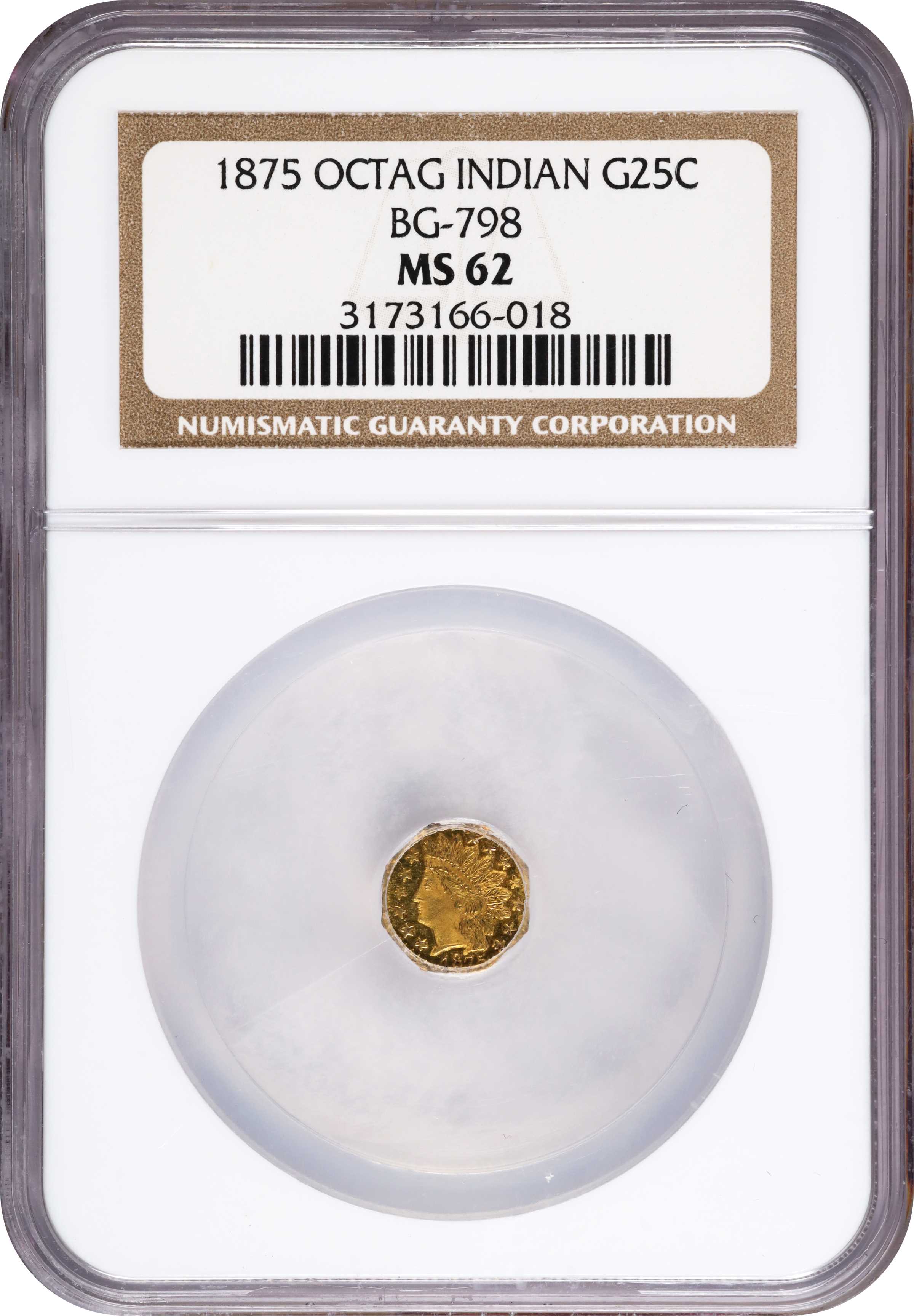 image for: 1875 Octagonal 25 Cents. BG-798. Rarity-5-. Indian Head. MS-62 (NGC).