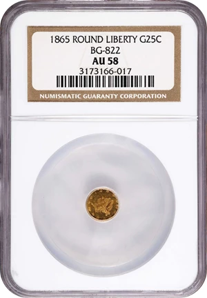 image for: 1865 Round 25 Cents. BG-822. Rarity-4. Liberty Head. AU-58 (NGC).