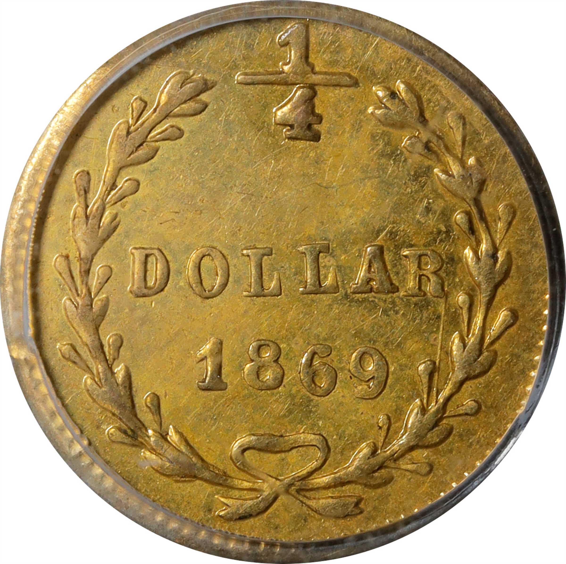 image for: 1869-G Round 25 Cents. BG-828. Rarity-4+. Liberty Head. AU-58 (PCGS).