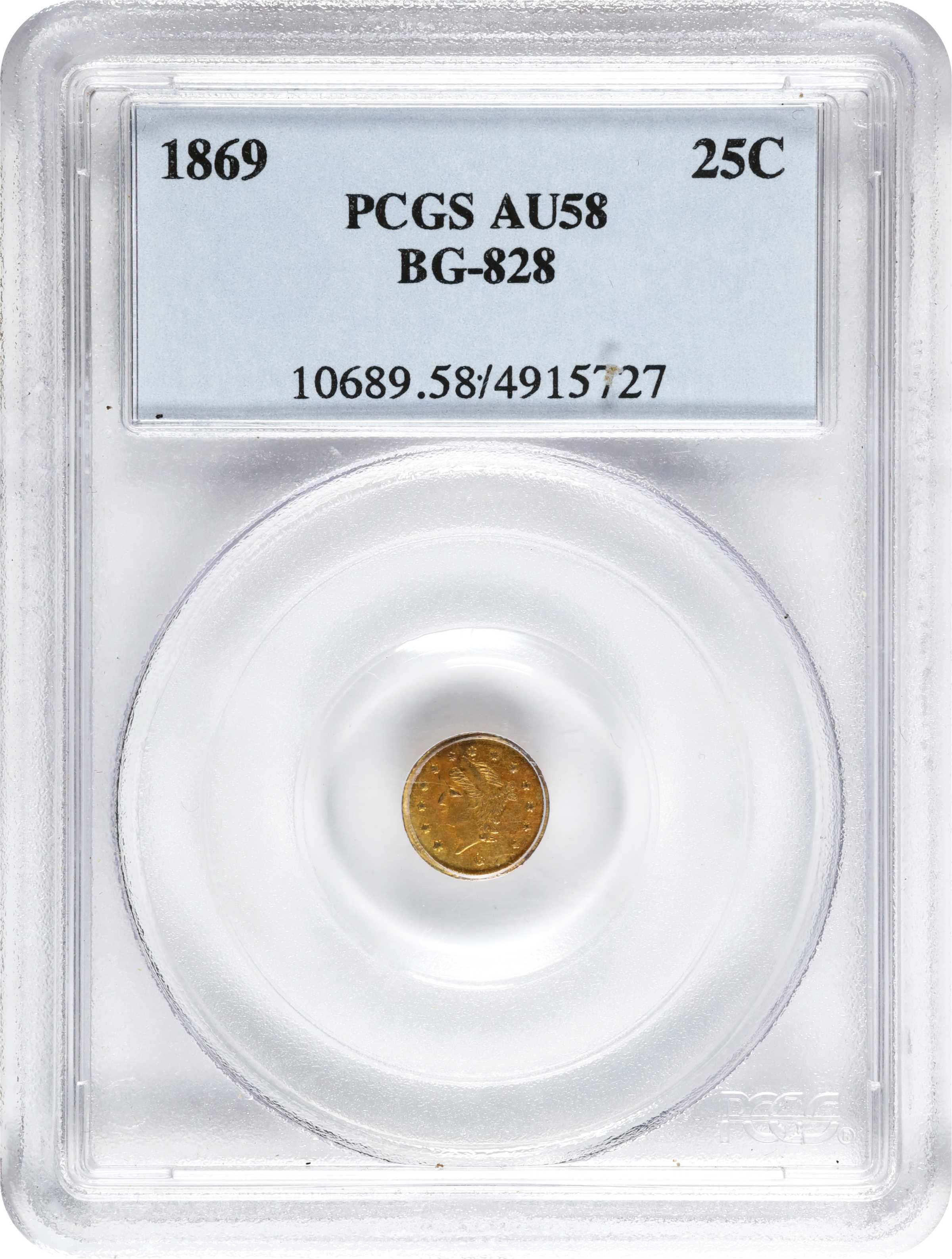 image for: 1869-G Round 25 Cents. BG-828. Rarity-4+. Liberty Head. AU-58 (PCGS).