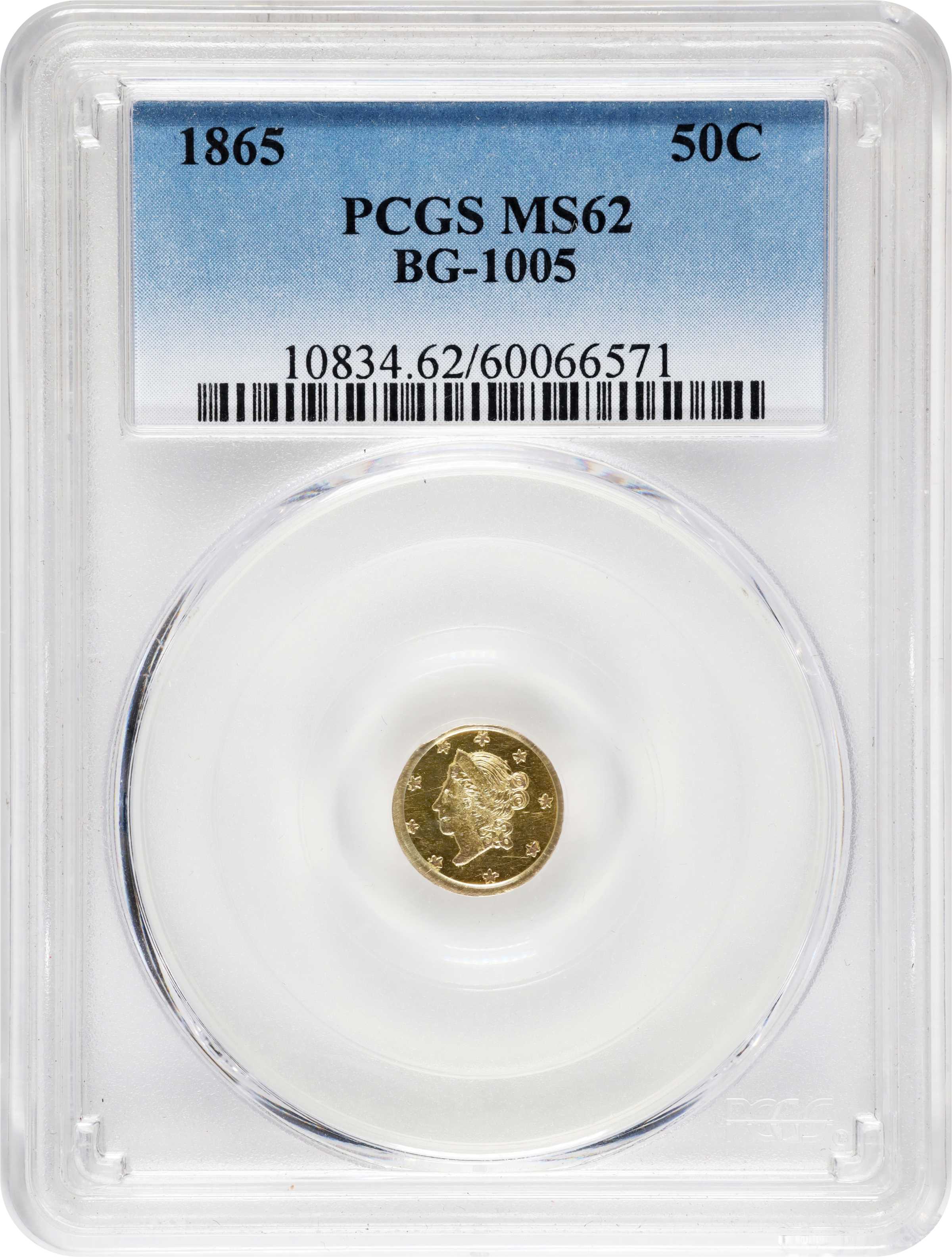 image for: 1865 Round 50 Cents. BG-1005. Rarity-5-. Liberty Head. MS-62 (PCGS).