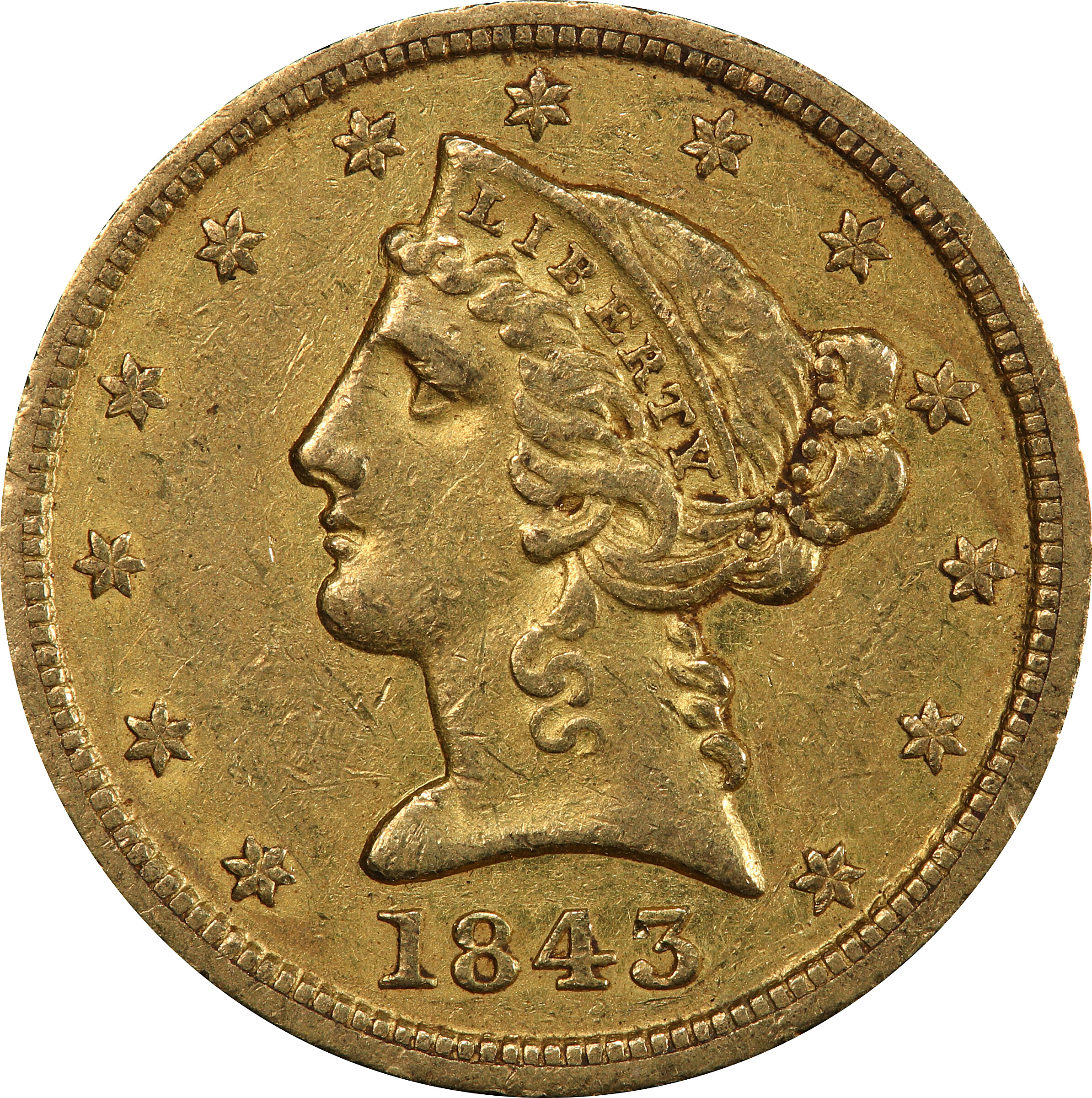 image for: 1843-D Liberty Head Half Eagle. Winter 9-F. Small D. AU-50 (PCGS). CAC.