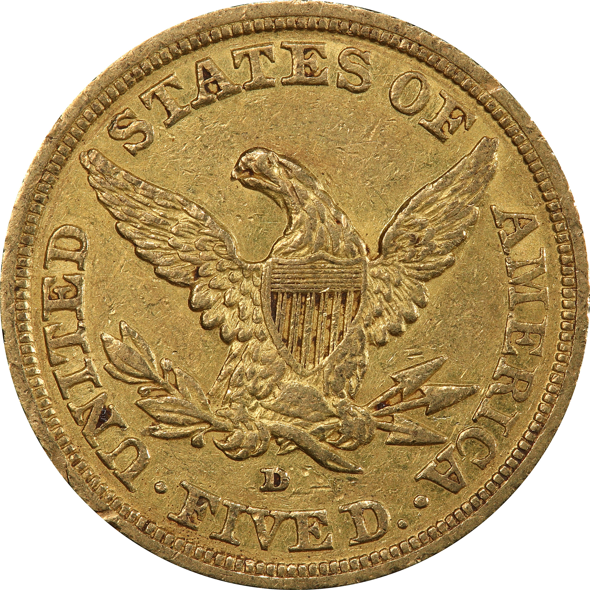 image for: 1843-D Liberty Head Half Eagle. Winter 9-F. Small D. AU-50 (PCGS). CAC.