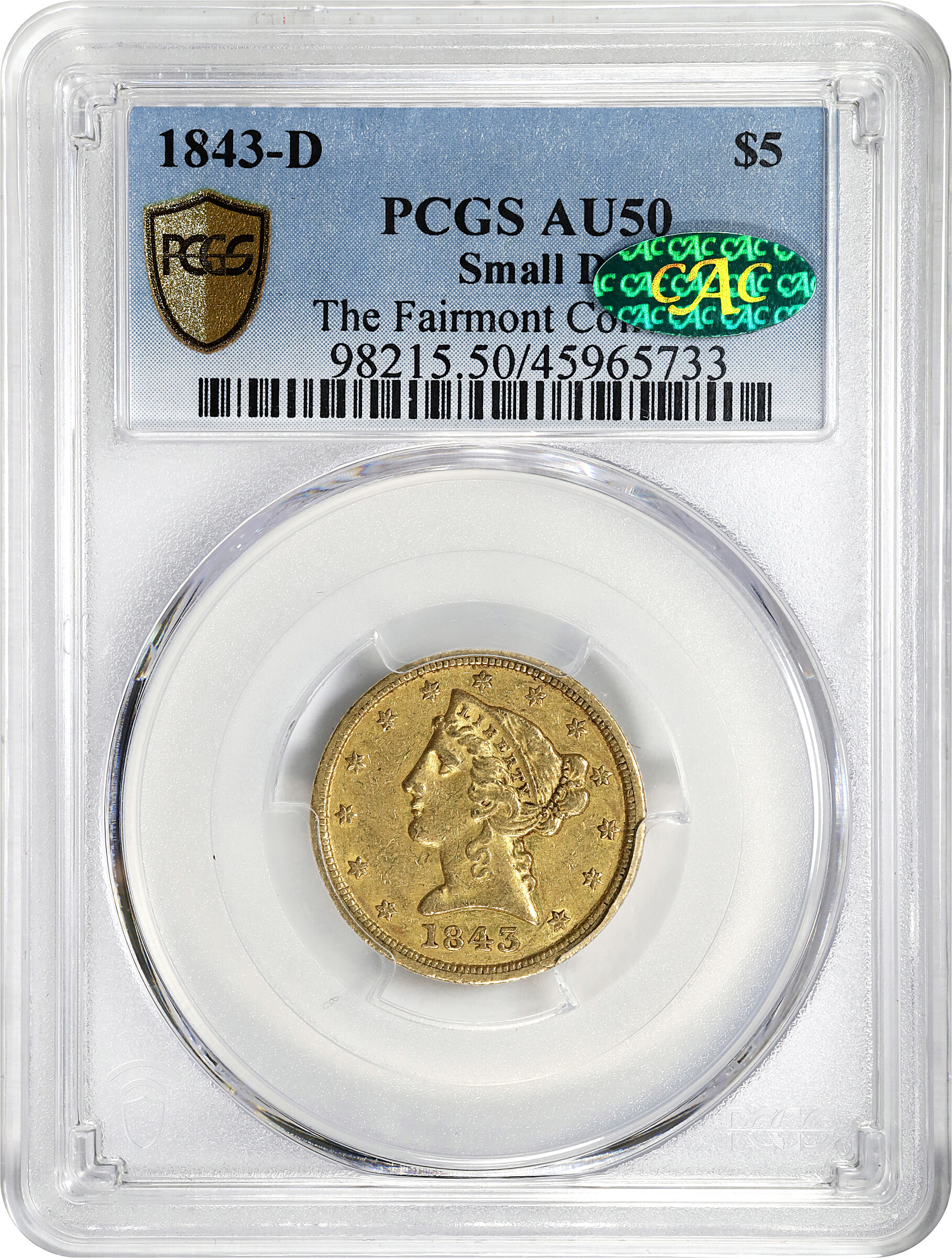 image for: 1843-D Liberty Head Half Eagle. Winter 9-F. Small D. AU-50 (PCGS). CAC.