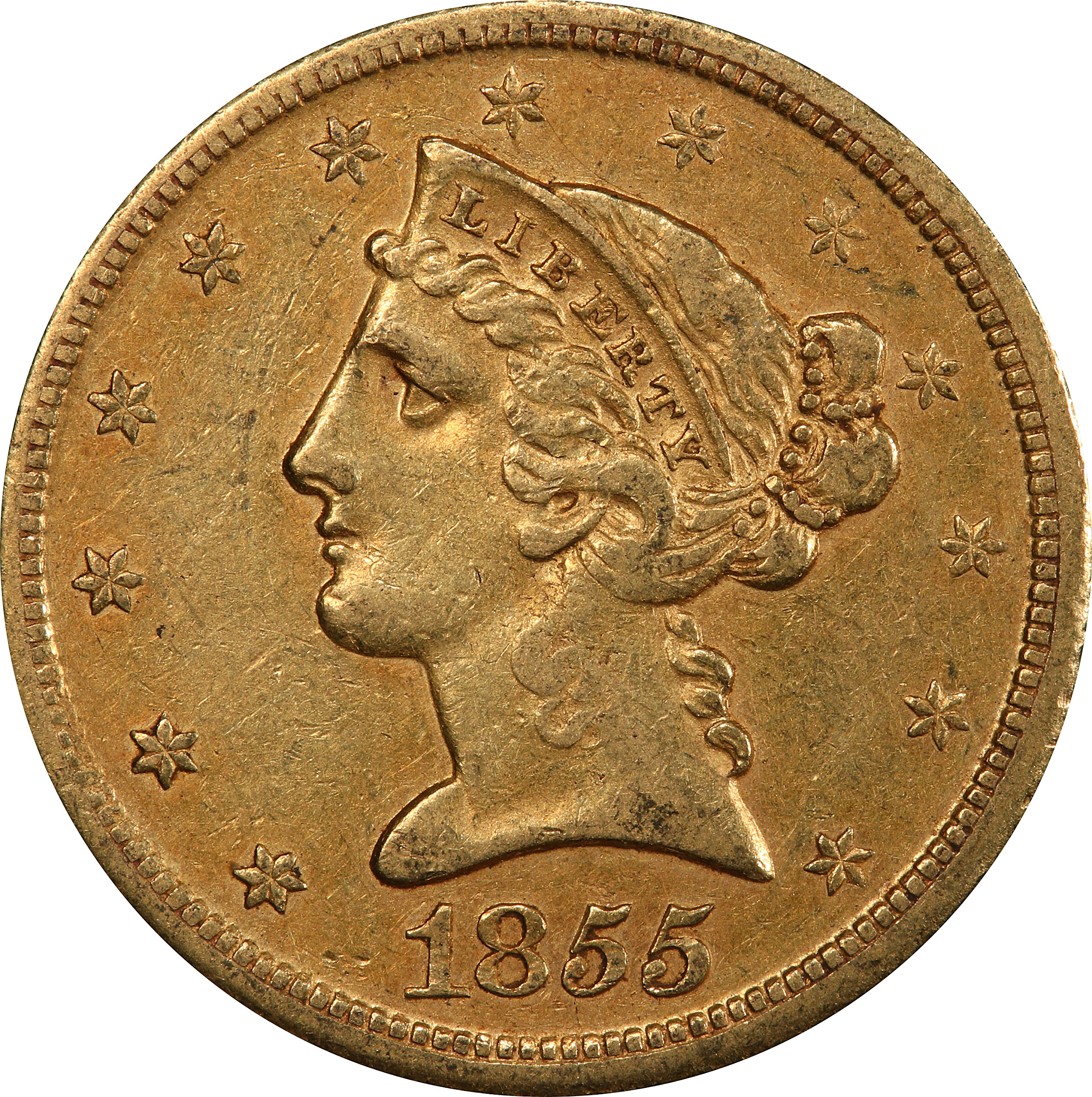image for: 1855-D Liberty Head Half Eagle. Winter 38-CC. Medium D. AU-50 (PCGS).