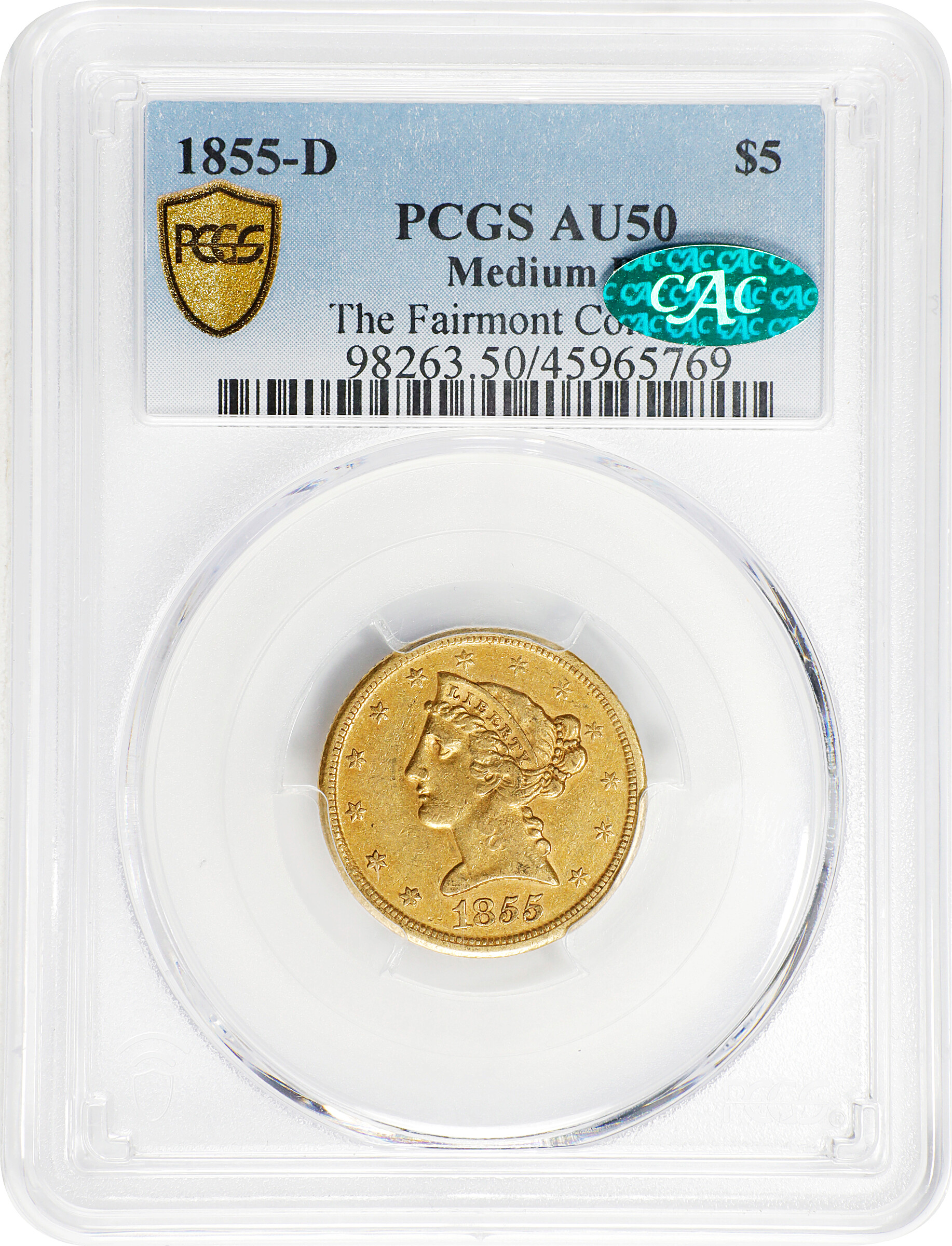 image for: 1855-D Liberty Head Half Eagle. Winter 38-CC. Medium D. AU-50 (PCGS).