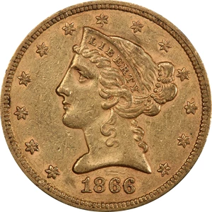 image for: 1866 Liberty Head Half Eagle. AU-55 (PCGS). CAC.