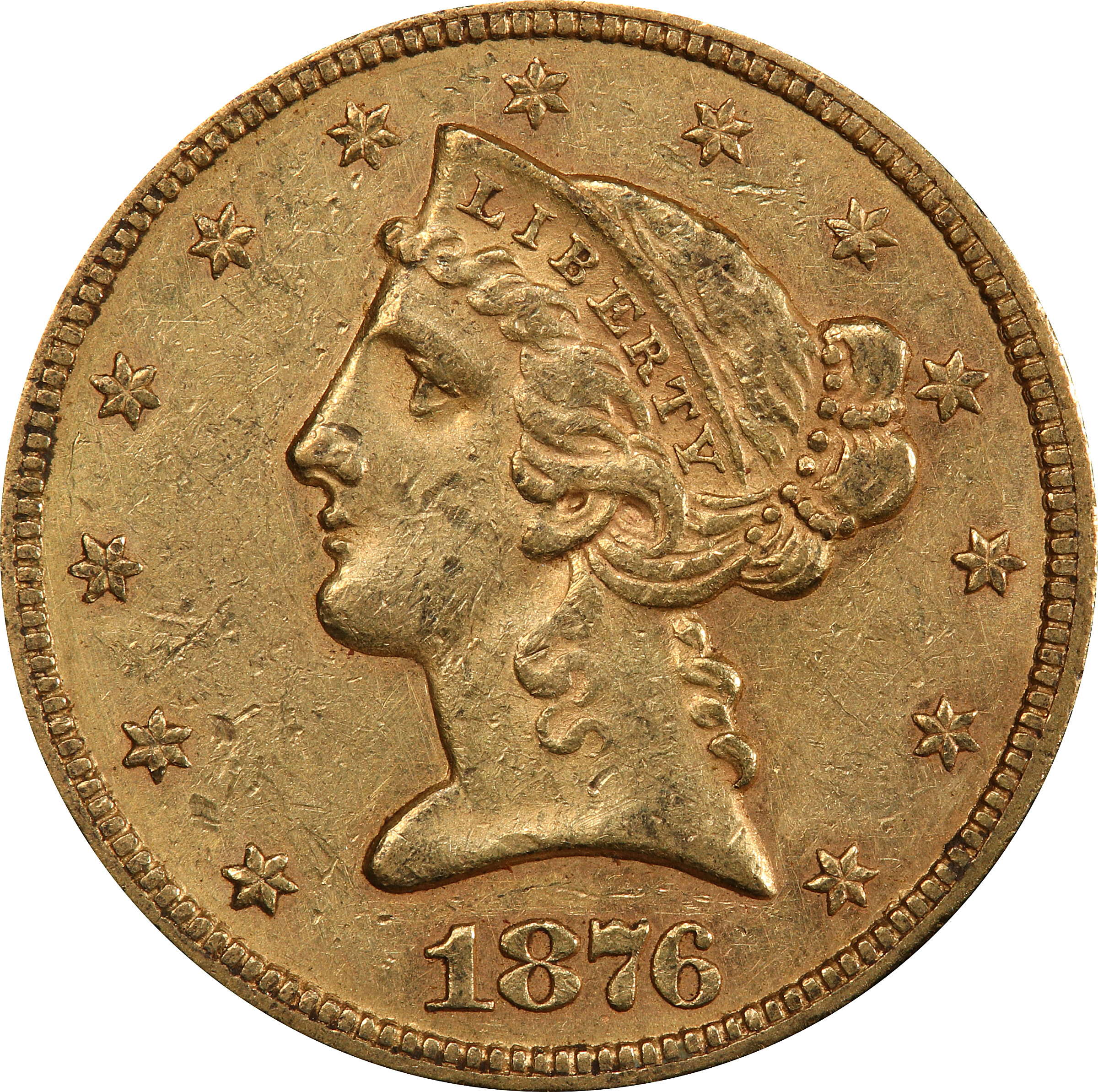 image for: 1876 Liberty Head Half Eagle. AU-53 (PCGS). CAC.