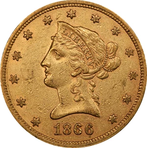 image for: 1866 Liberty Head Eagle. Repunched Date. AU-53 (PCGS).
