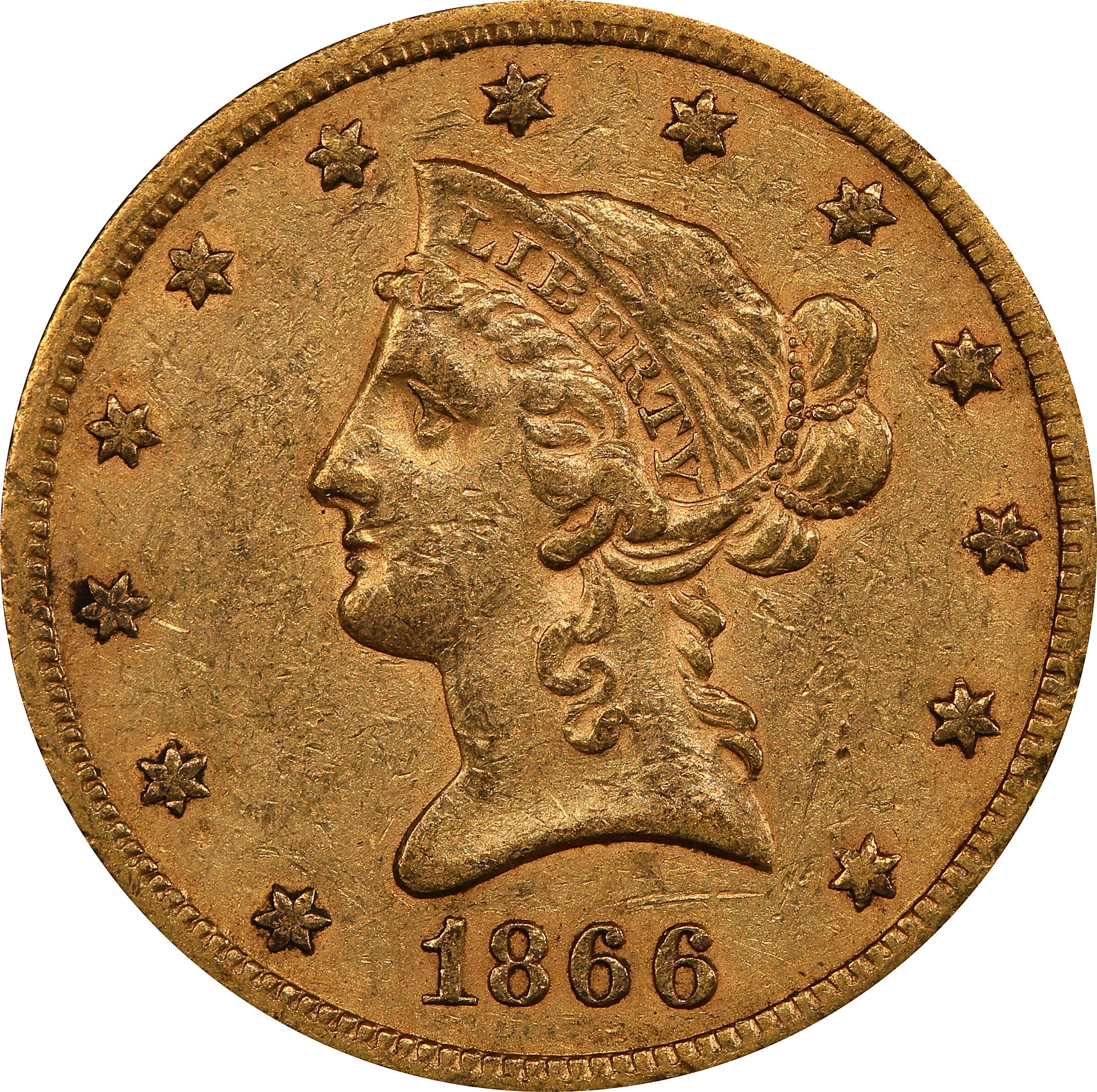 image for: 1866-S Liberty Head Eagle. Motto. AU-53 (PCGS).