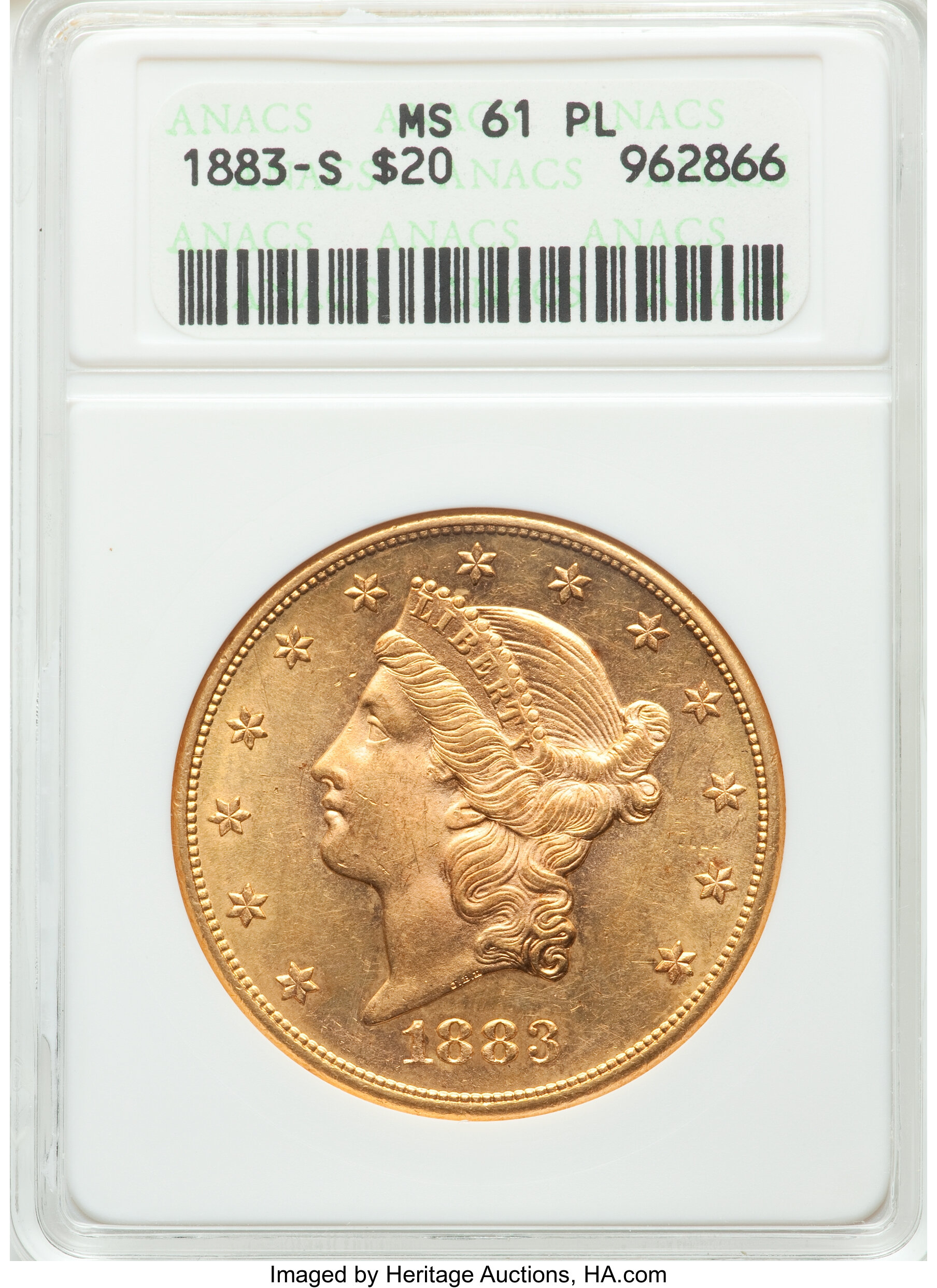 image for: 1883-S $20 MS61 Prooflike ANACS.  Mintage 1,189,000....
