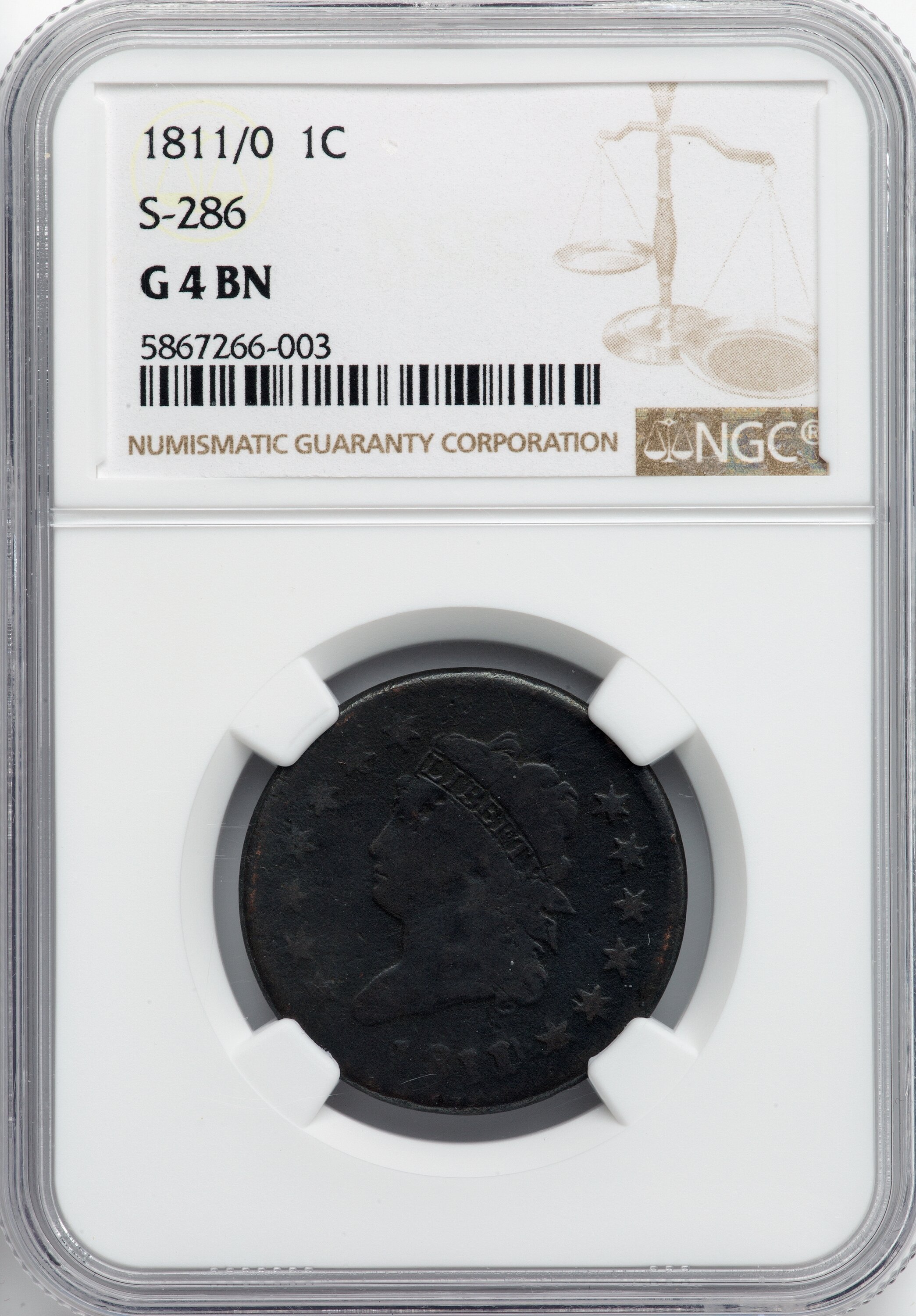 image for: 1811/0 1C S-286, B-2, R.3, Good 4 NGC. NGC Census: (3/29). PCGS Population: (0/13). CDN: $275 Whsle. Bid for NGC/PCGS Good ...