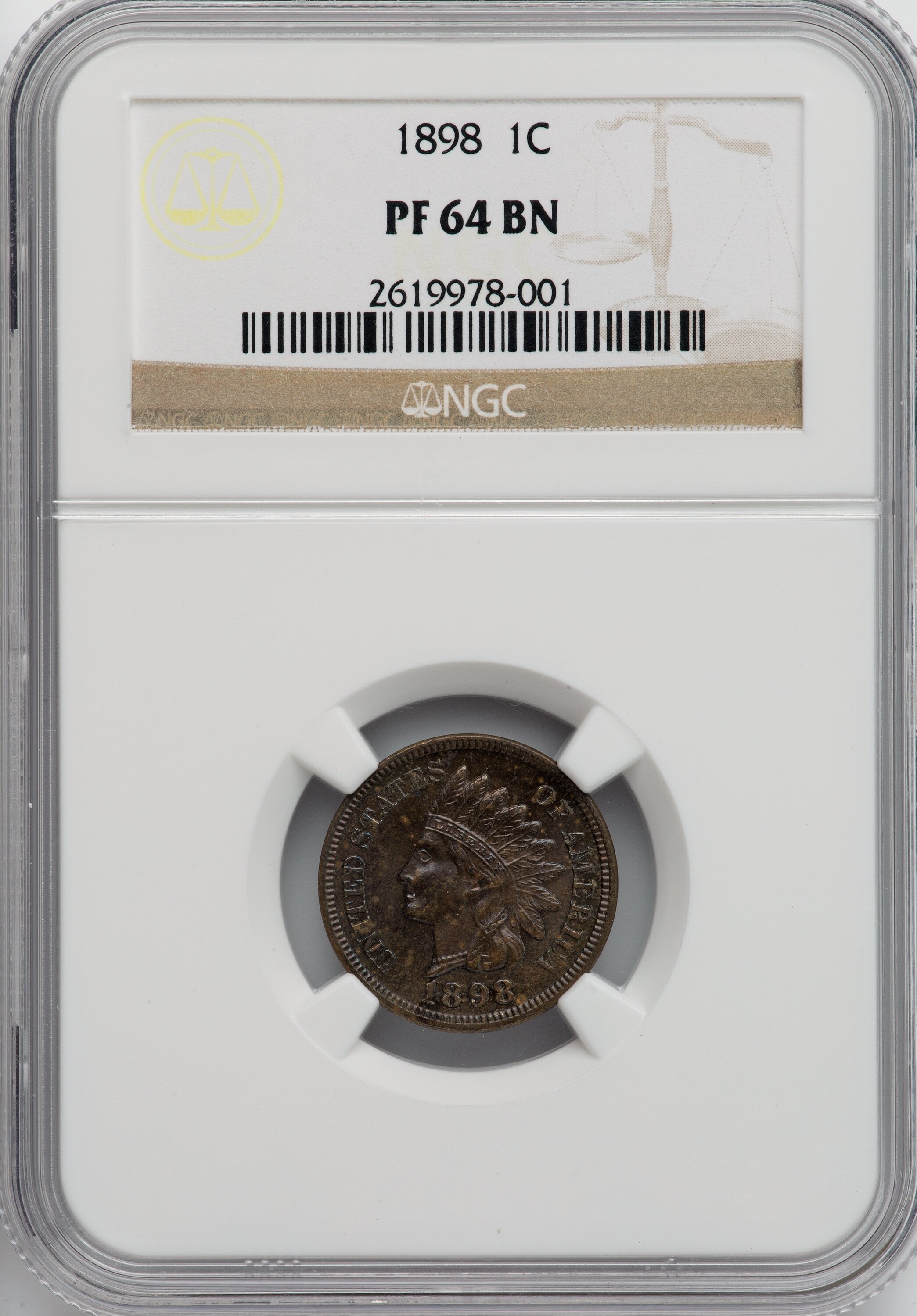 image for: 1898 1C PR64 Brown NGC. NGC Census: (22/39). PCGS Population: (17/36). CDN: $230 Whsle. Bid for NGC/PCGS PR64. Mintage 1,79...