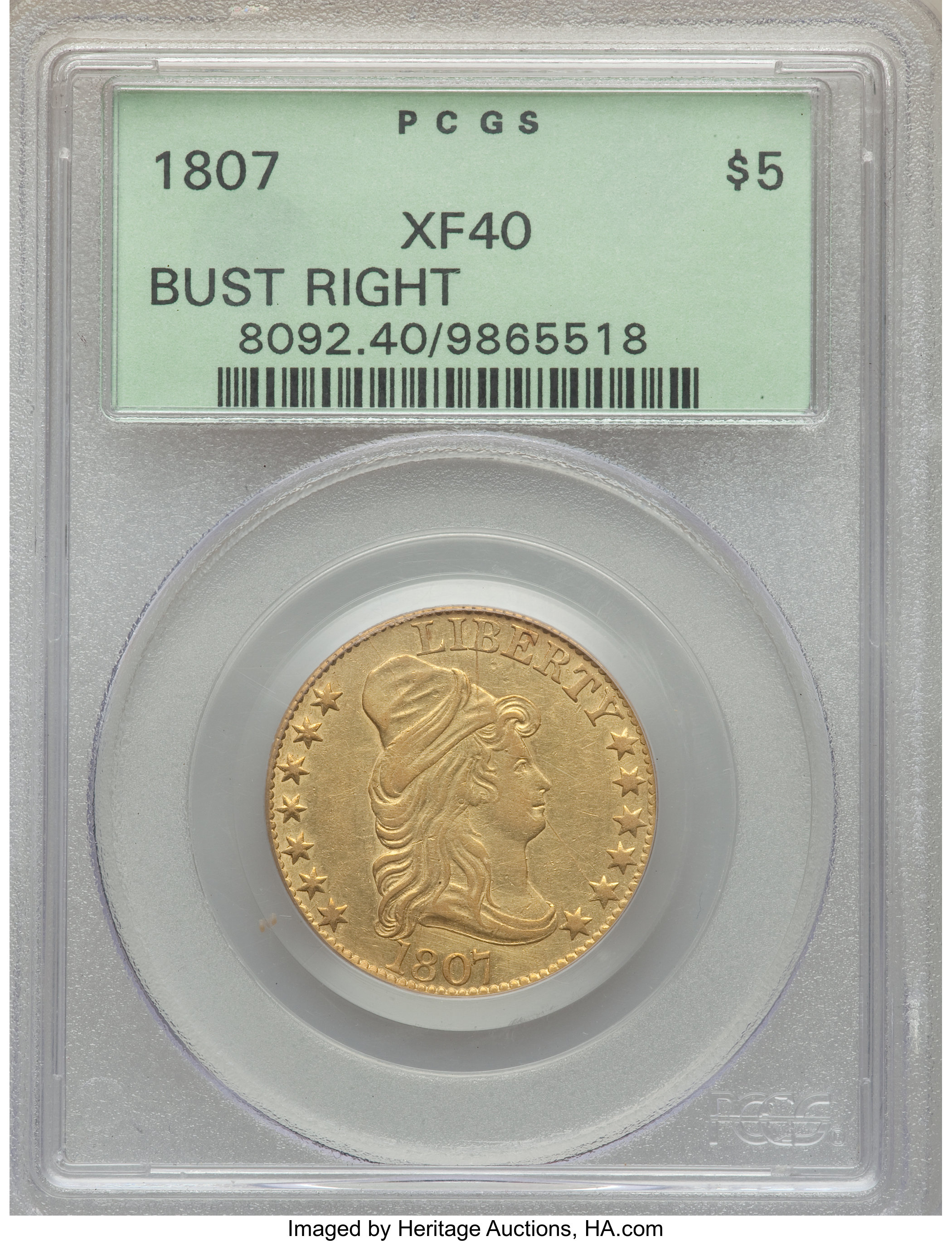 image for: 1807 $5 Bust Right, BD-5, High R.6, XF40 PCGS....