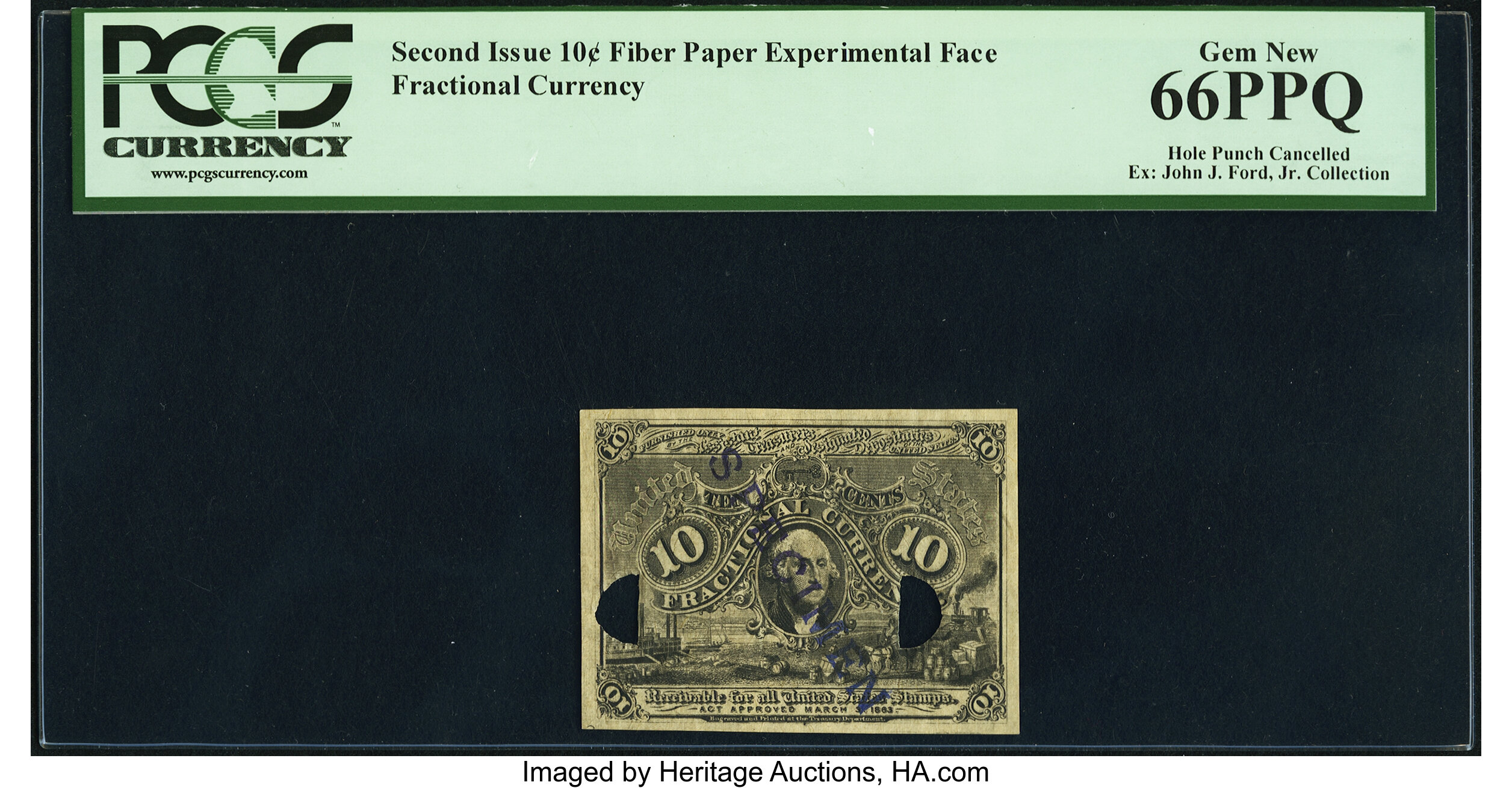 image for: Milton 2E10F.2a 10¢ Fiber Paper Second Issue Experimental Face PCGS Gem New 66PPQ, 2 POCs....