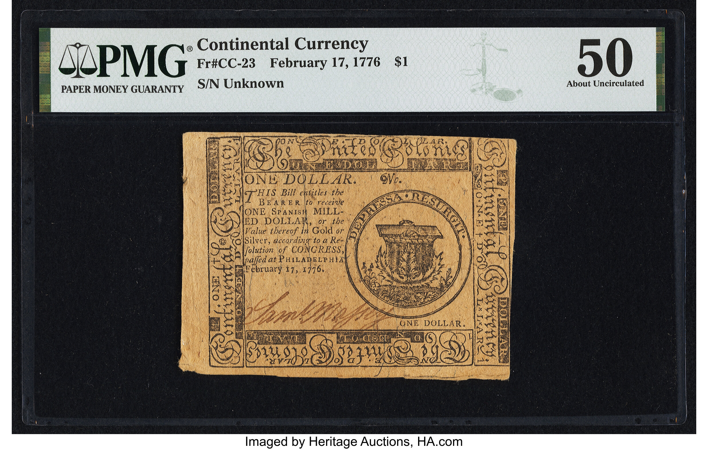 image for: Continental Currency February 17, 1776 $1 PMG About Uncirculated 50....