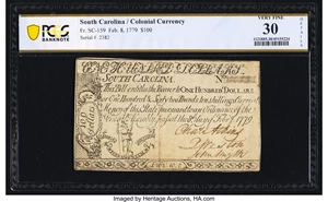 image for: South Carolina February 8, 1779 $100 PCGS Banknote Very Fine 30 Details....