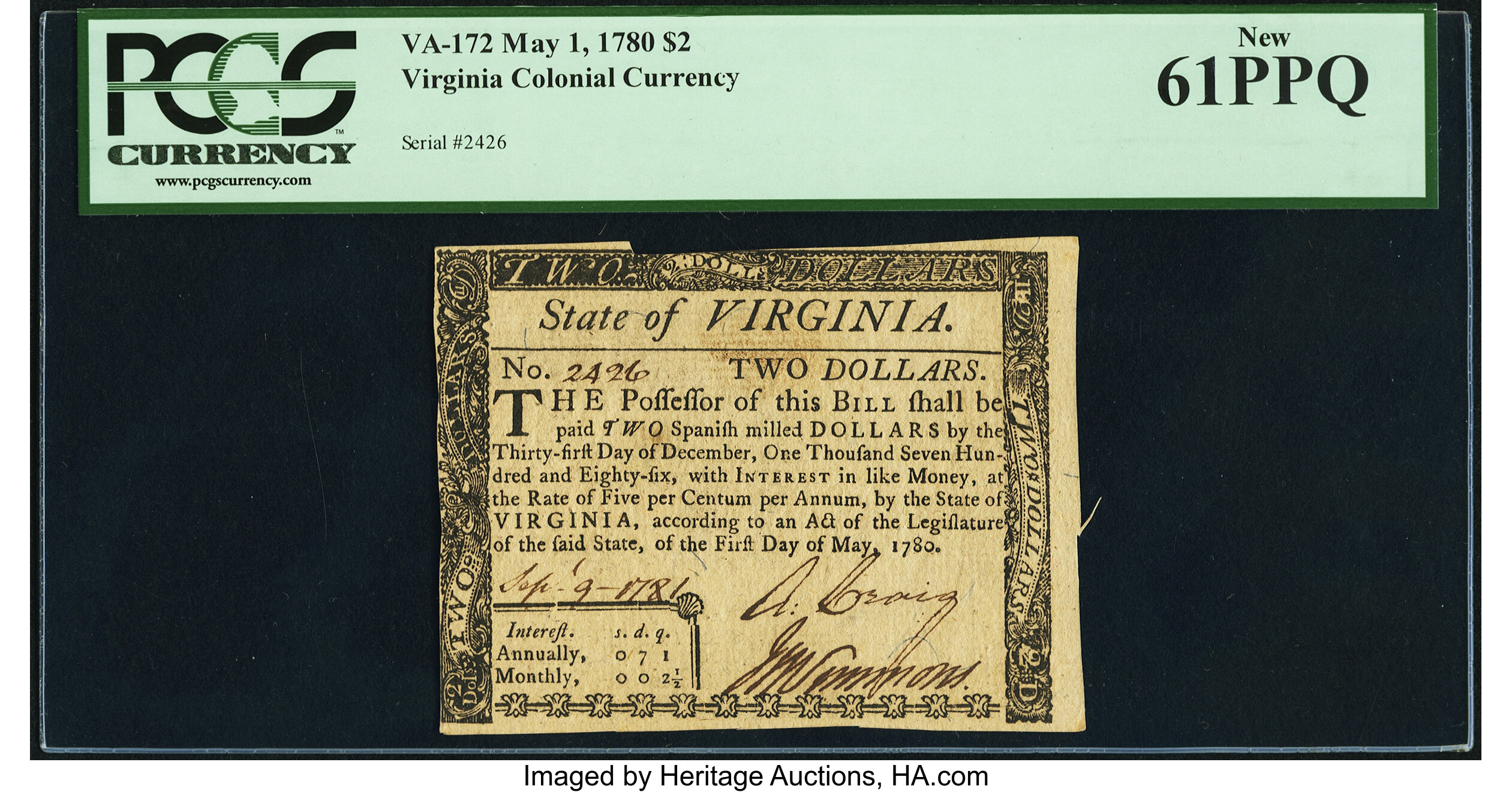 image for: Virginia May 1, 1780 $2 PCGS New 61PPQ....