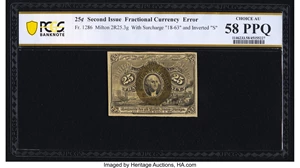 image for: Fr. 1286 25¢ Second Issue Inverted "S" Surcharge PCGS Banknote Choice AU 58 PPQ....