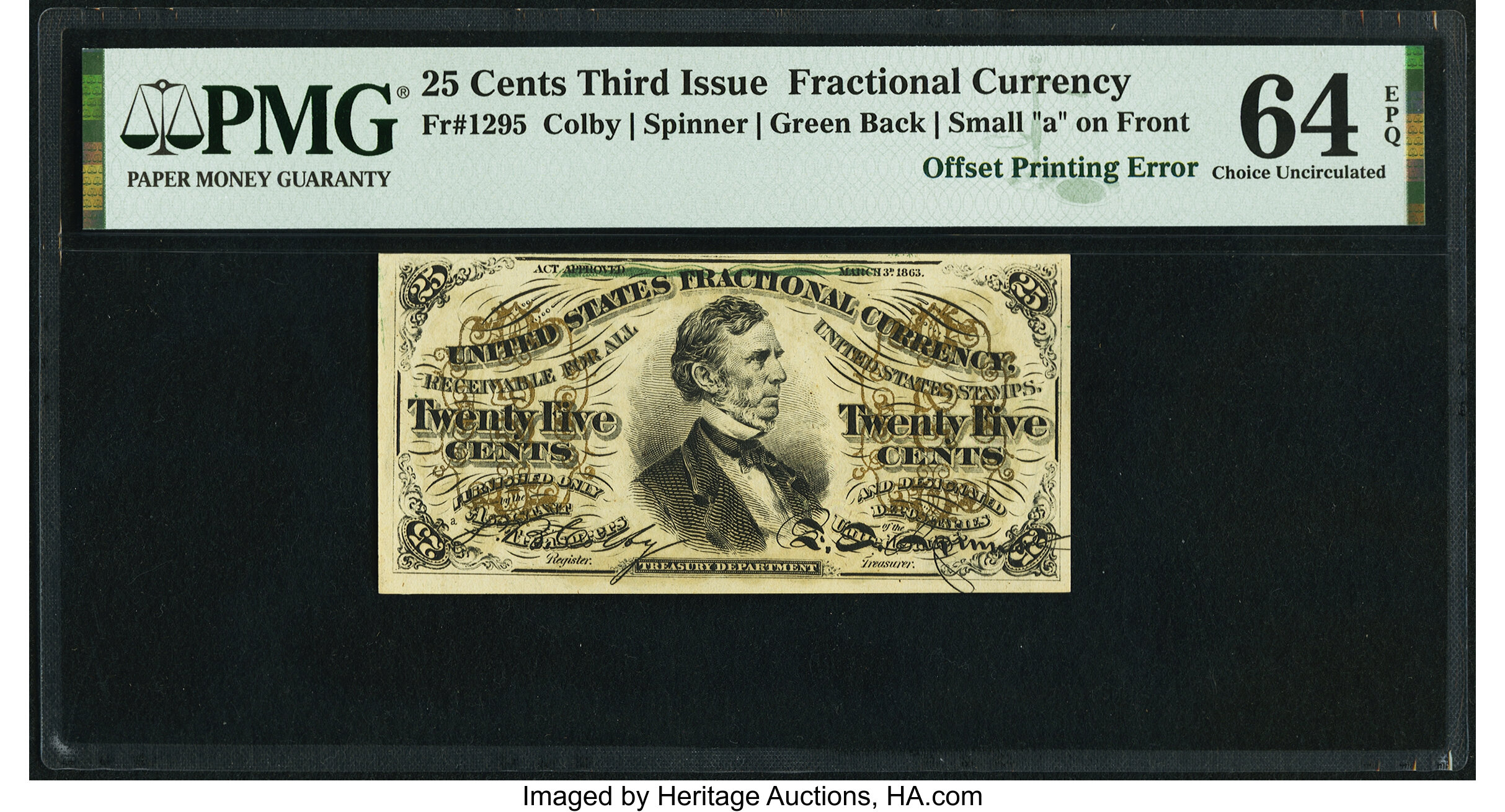image for: Partial Back to Face Offset Error Fr. 1295 25¢ Third Issue PMG Choice Uncirculated 64 EPQ....