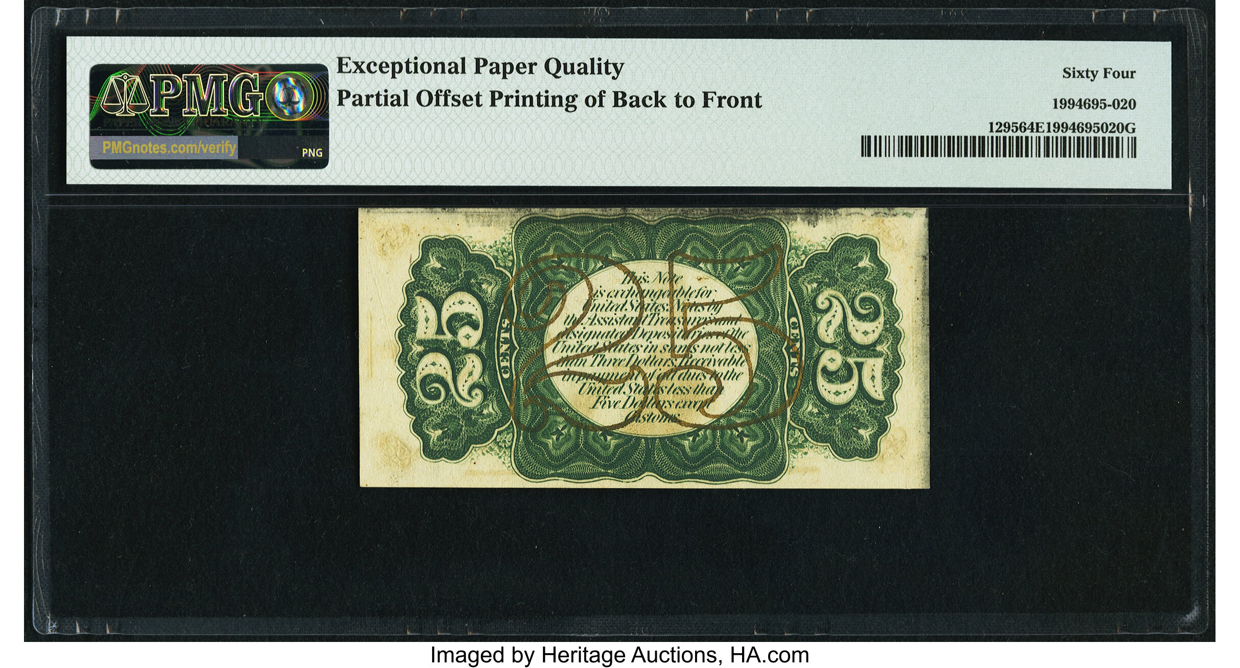 image for: Partial Back to Face Offset Error Fr. 1295 25¢ Third Issue PMG Choice Uncirculated 64 EPQ....
