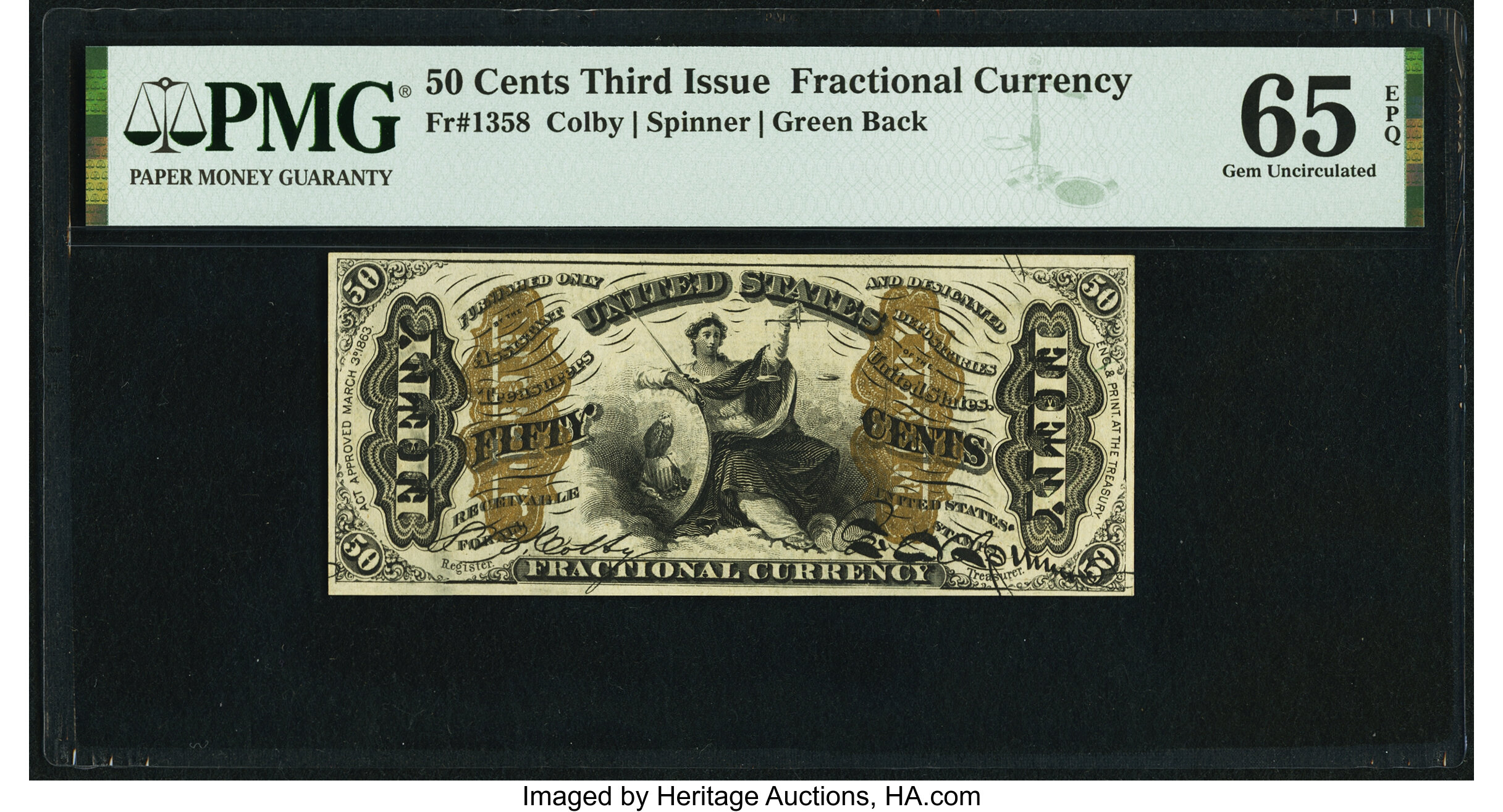 image for: Fr. 1358 50¢ Third Issue Justice PMG Gem Uncirculated 65 EPQ....