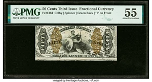 image for: Miscut Cutting Error Fr. 1364 50¢ Third Issue Justice PMG About Uncirculated 55....