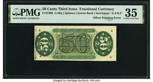 image for: Partial Face to Back Offset Error Fr. 1366 50¢ Third Issue Justice PMG Choice Very Fine 35....