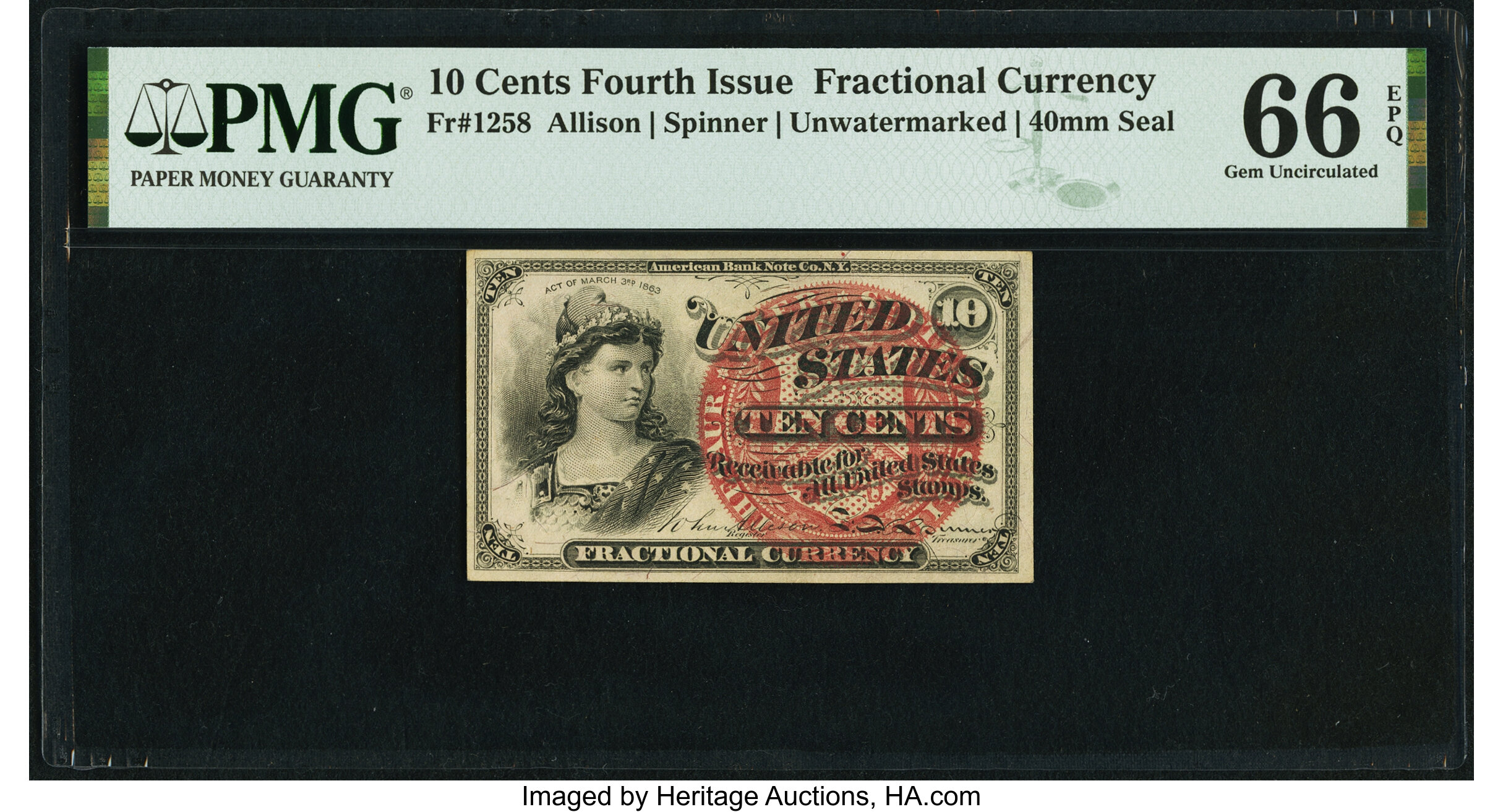 image for: Fr. 1258 10¢ Fourth Issue PMG Gem Uncirculated 66 EPQ....